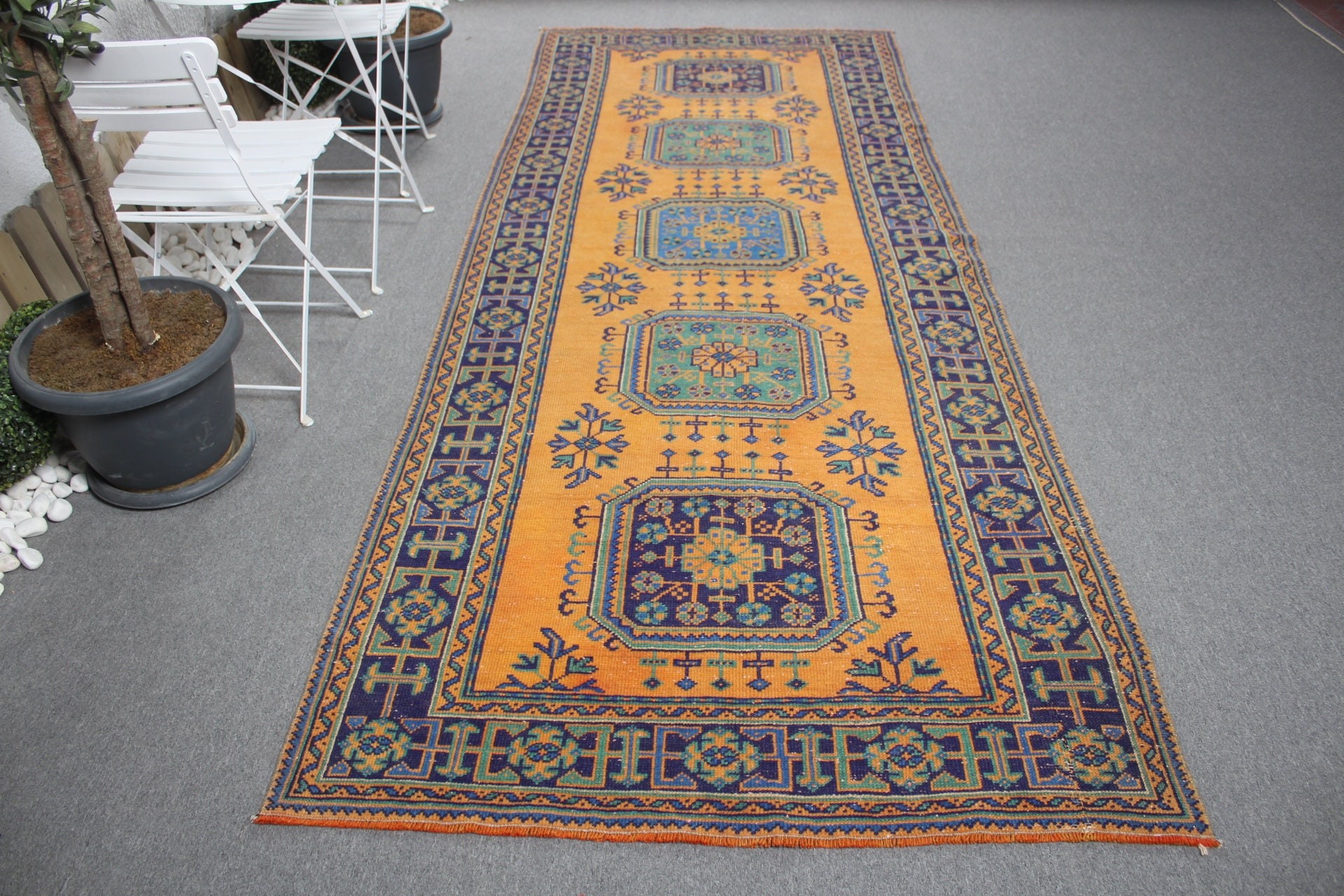 Runner Halıları, Vintage Halılar, Türk Halısı, Koridor Halısı, Soğuk Halı, Sarı Soğuk Halı, Yer Halısı, Mutfak Halısı, 4.3x11.3 ft Runner Halısı