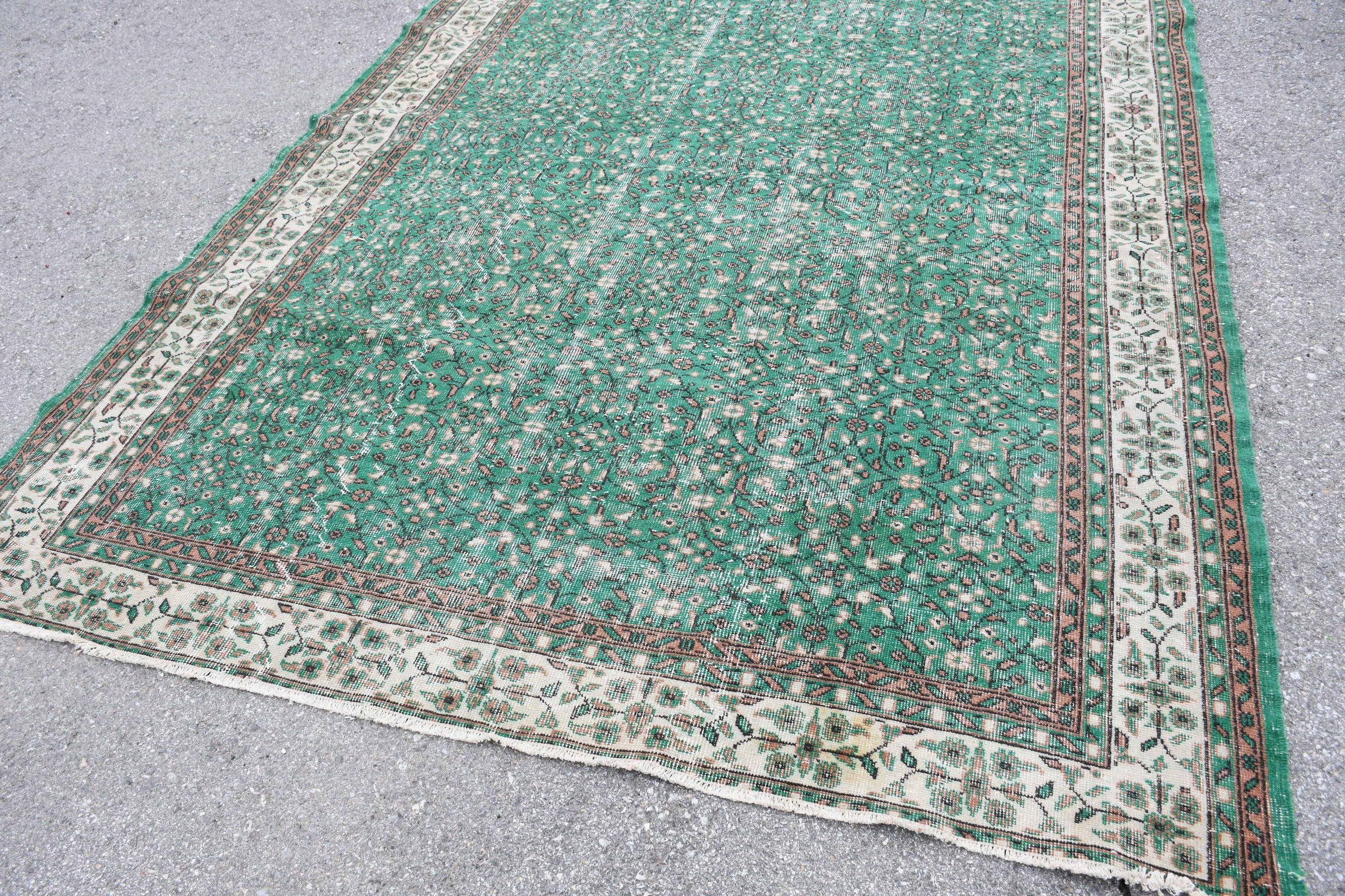 Vintage Halılar, Türk Halıları, Oturma Odası Halısı, Ev Dekor Halısı, 7.1x9.5 ft Büyük Halılar, Yeşil Yün Halı, Yemek Odası Halısı