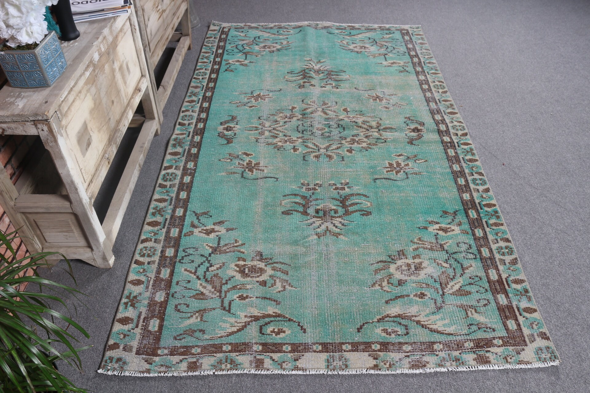 Anadolu Halıları, Yeşil Doğu Halısı, İç Mekan Halısı, Soluk Halılar, Fas Halısı, Oturma Odası Halısı, Vintage Halı, 4,4x7,5 ft Alan Halısı, Türk Halıları