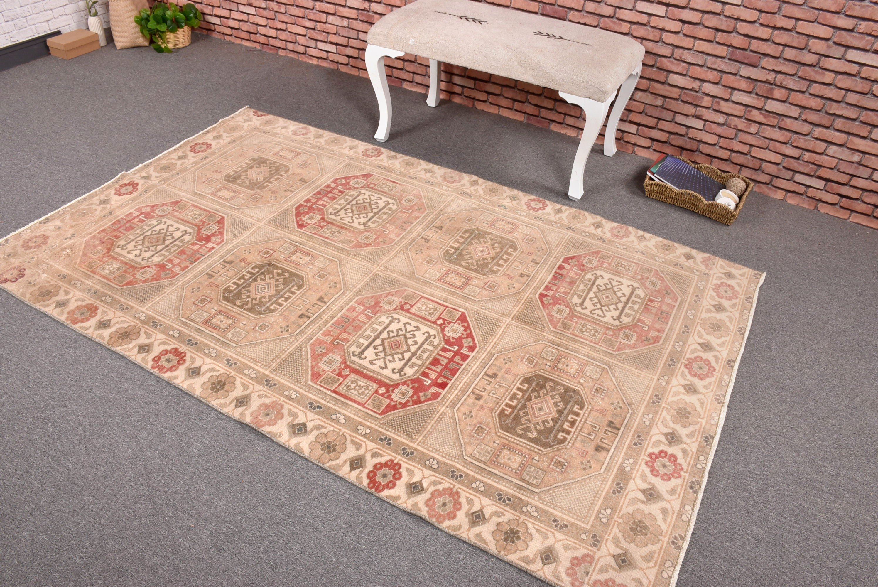 Turkish Rug, Kitchen Rugs, Rugs for Kitchen, Beige Geometric Rug, Vintage Rug, Home Decor Rugs, Turkey Rugs, 4.4x7 ft Area Rug, Bedroom Rug