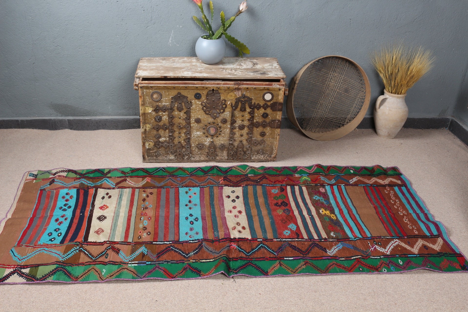 2.9x7.2 ft Accent Rug, Kilim, Antique Rug, Pastel Rugs, Entry Rug, Vintage Rug, Turkish Rug, Brown Cool Rug, Kitchen Rug