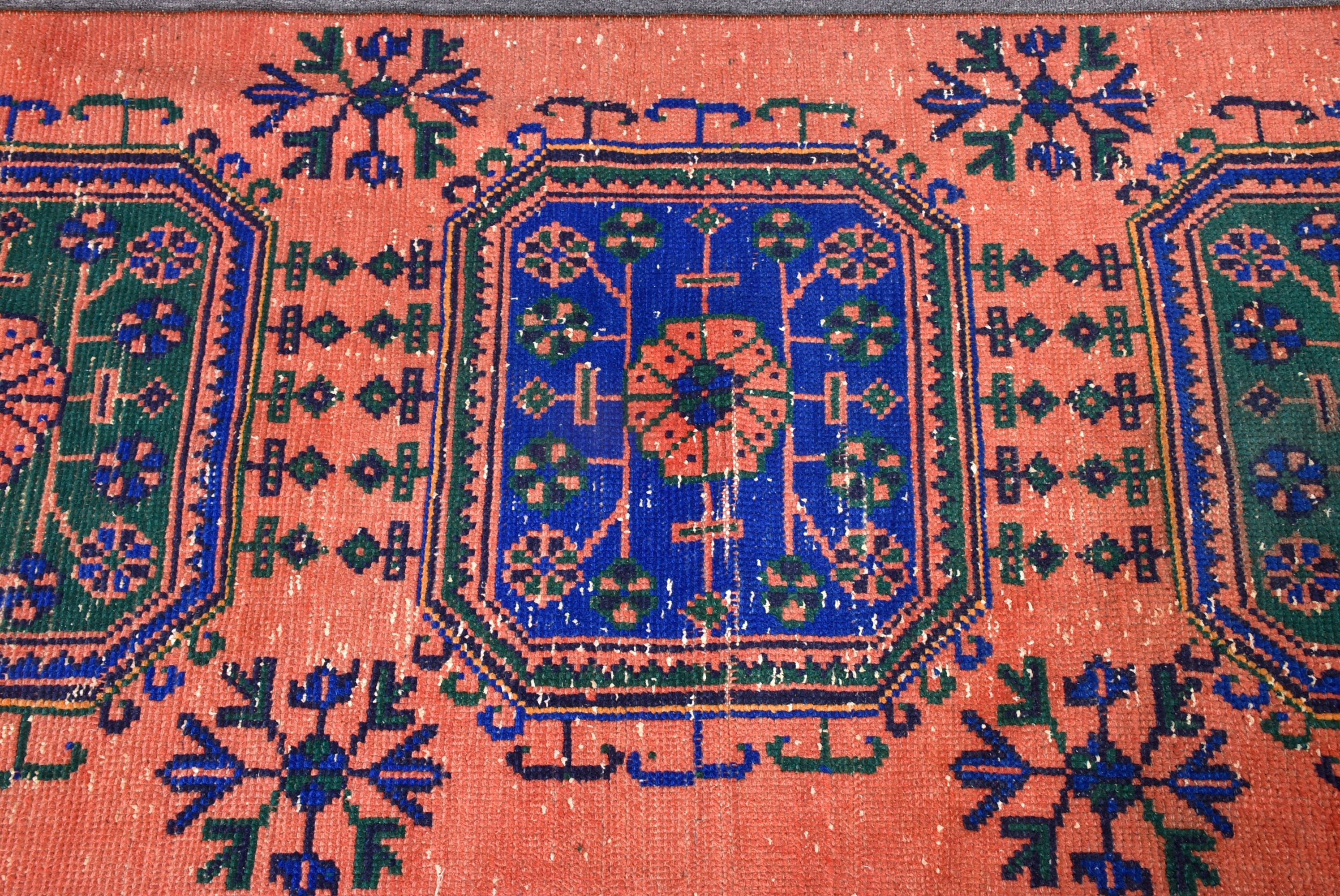 Türk Halısı, Vintage Halı, Mutfak Halısı, Yer Halıları, 2.7x11.5 ft Runner Halısı, Vintage Runner Halıları, Yatak Odası Halıları, Turuncu Geometrik Halılar