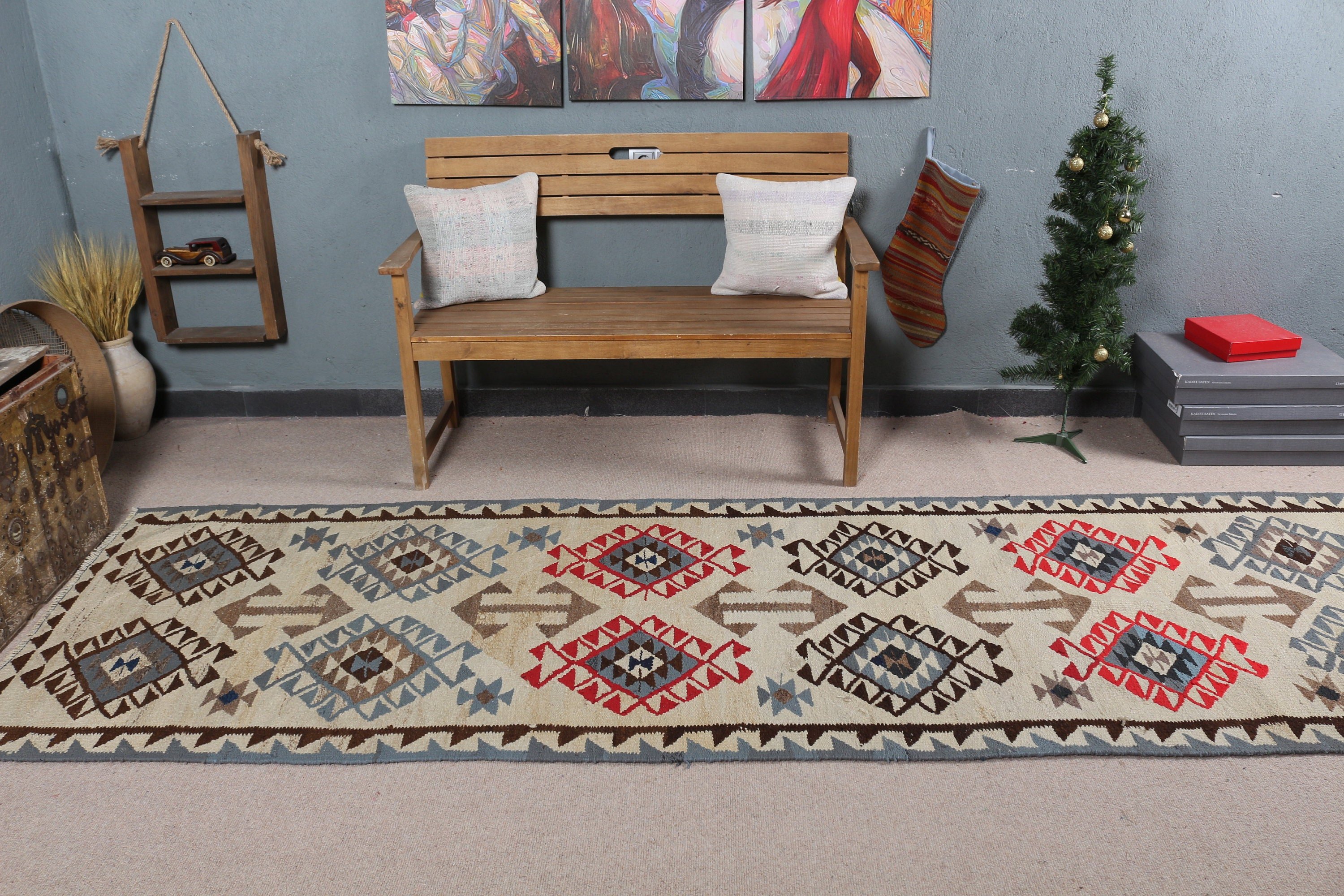 Mutfak Kilim, Bej Serin Kilim, Mutfak Kilim, Yolluk Kilim, Antik Kilim, Nostaljik Kilim, Mutfak Kilim, 109x401 cm Yolluk Kilim