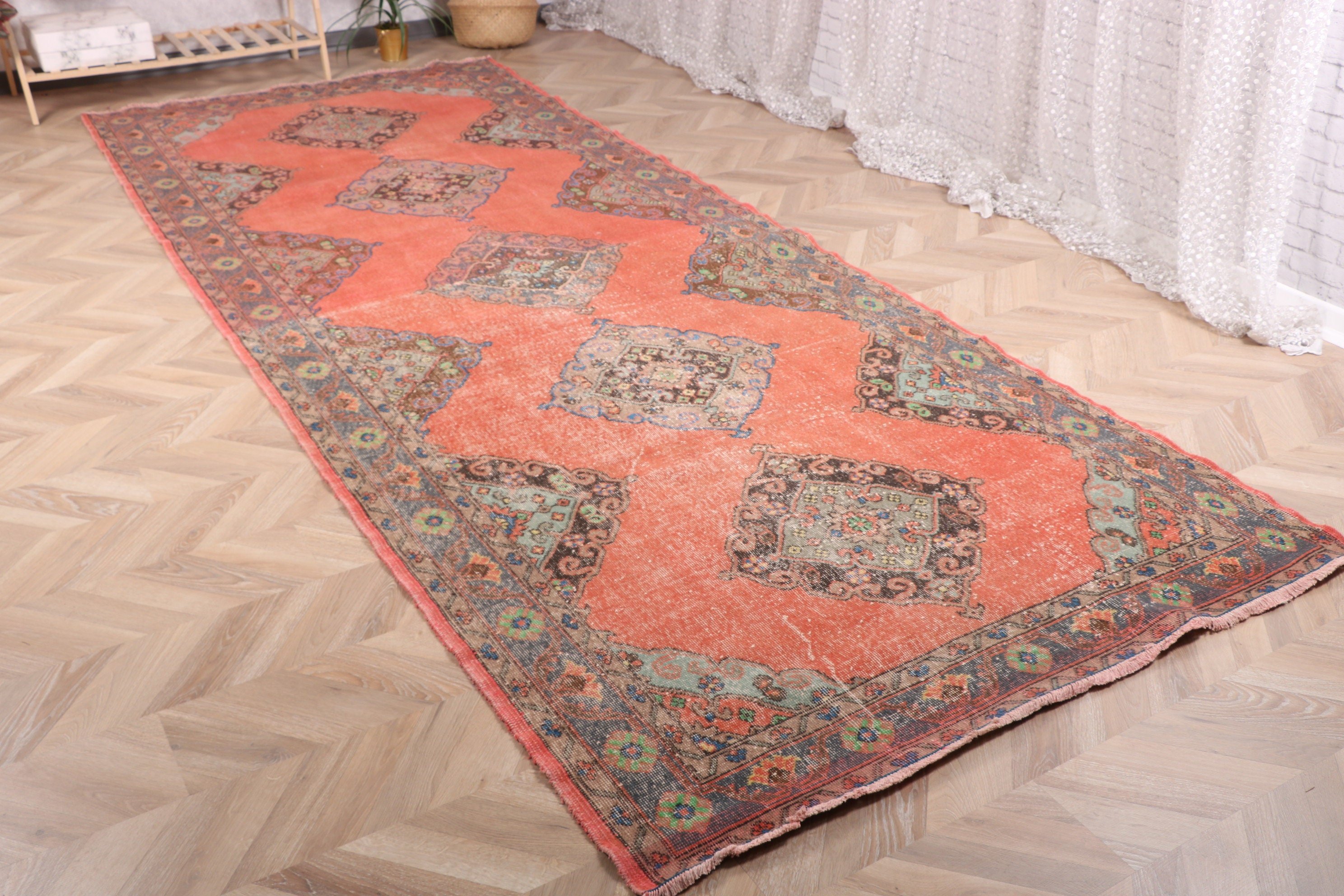 Turkish Rug, Red Floor Rug, Vintage Rugs, Oriental Rug, 4.9x12.3 ft Runner Rug, Corridor Rugs, Wool Rug, Rugs for Long Runner, Kitchen Rug