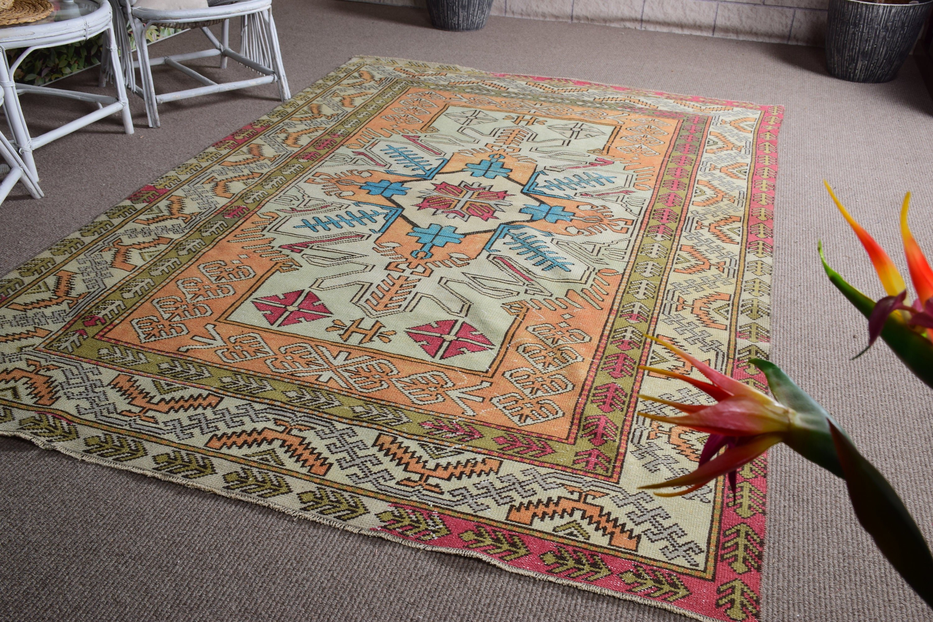 Bedroom Rug, Dining Room Rugs, Salon Rug, Turkish Rugs, Oriental Rugs, Vintage Rugs, Orange Cool Rug, Rugs for Bedroom, 6x8.9 ft Large Rug