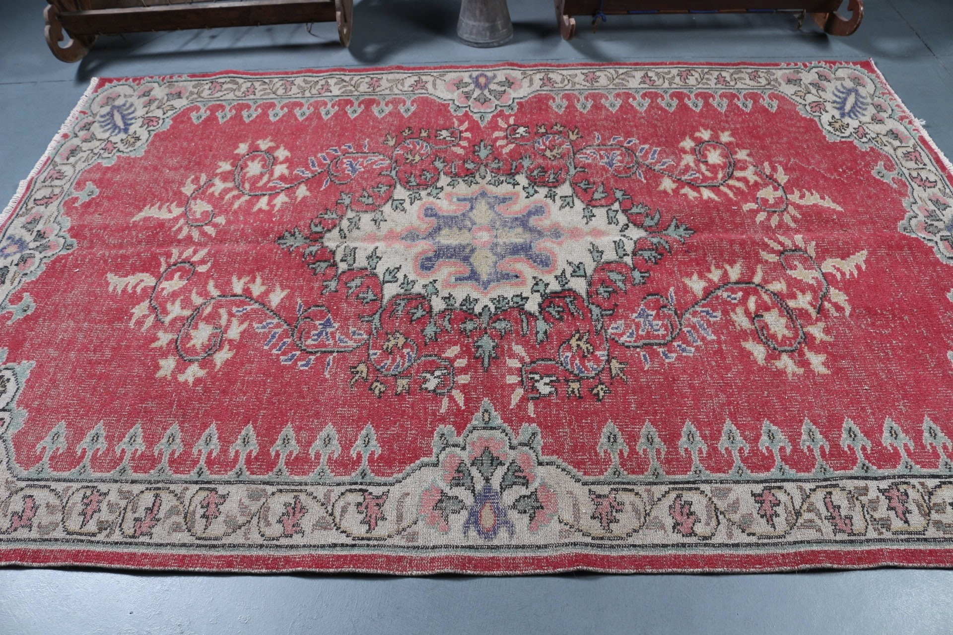 Türk Halıları, Pastel Halı, Yer Halısı, Antika Halı, Vintage Halı, 5.7x8.5 ft Büyük Halı, Kırmızı Ev Dekor Halısı, Yemek Odası Halısı, Oturma Odası Halısı