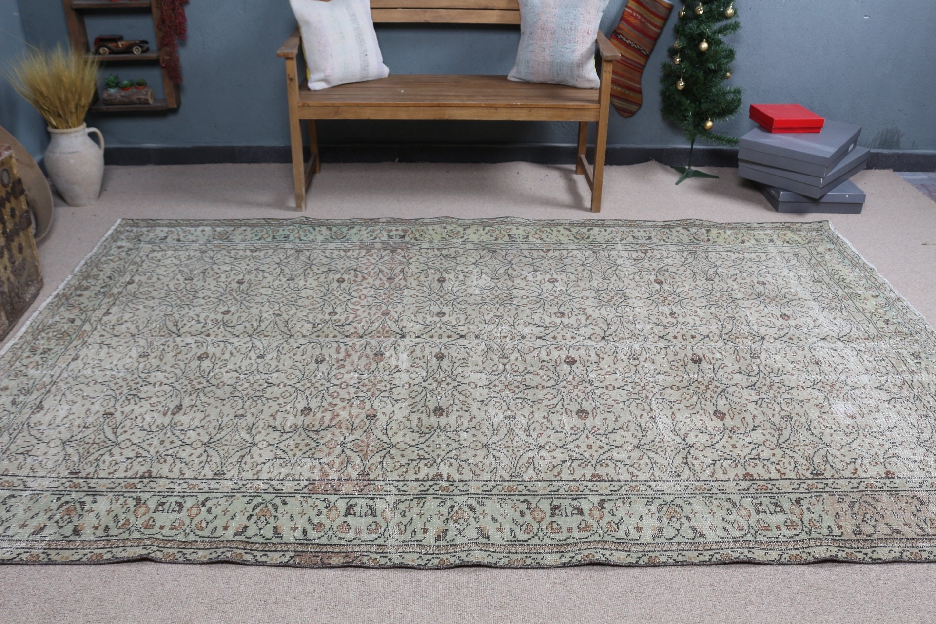 Vintage Rugs, Living Room Rug, Turkish Rug, Moroccan Rug, Salon Rugs, Handwoven Rug, Beige Anatolian Rug, 6x9.4 ft Large Rugs