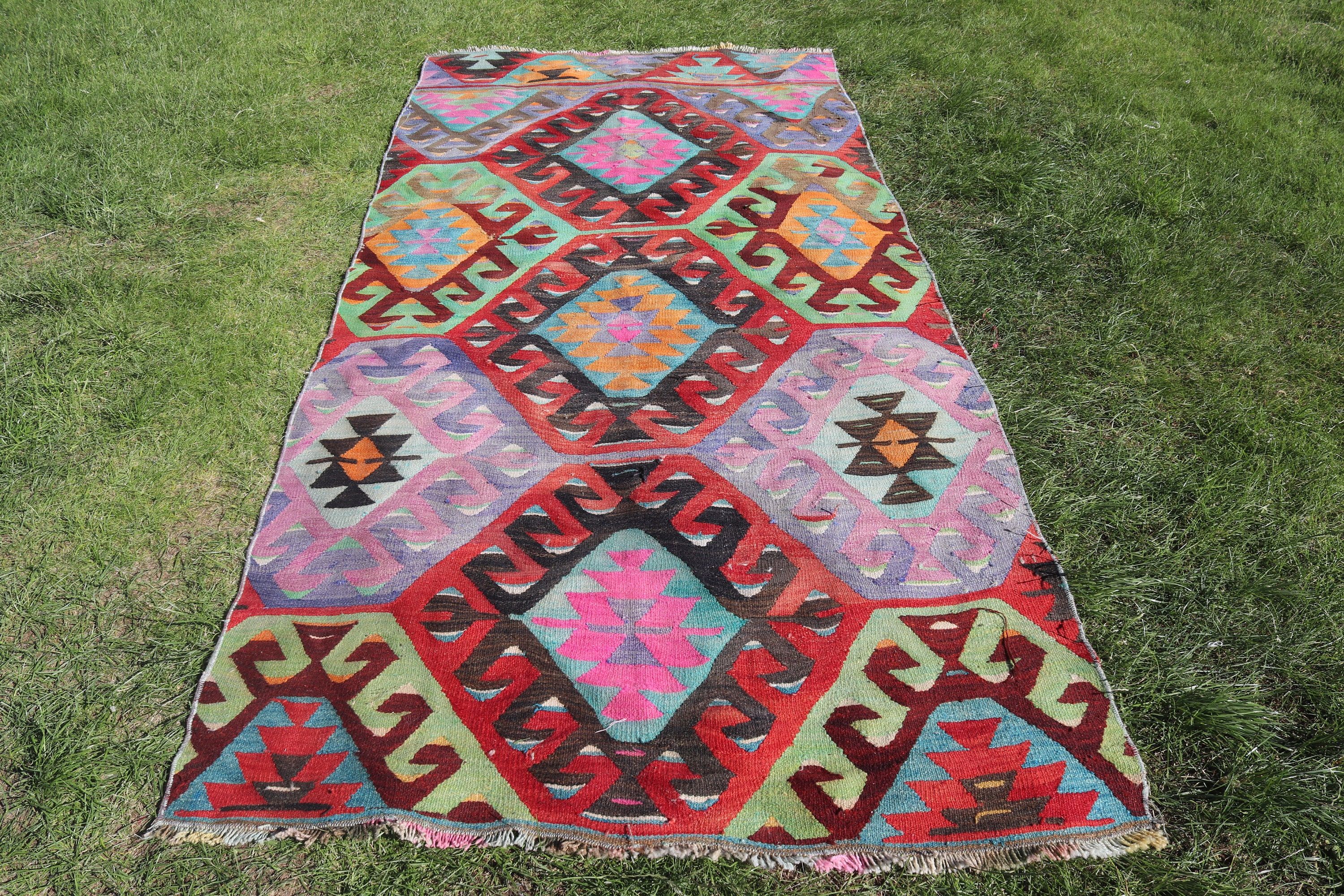 Kilim, Gökkuşağı 4.1x8.8 ft Alan Halısı, Çocuk Halısı, Vintage Halı, Oushak Bölgesi Halıları, Türk Halısı, Yatak Odası Halısı, Ev Dekorasyonu Halısı