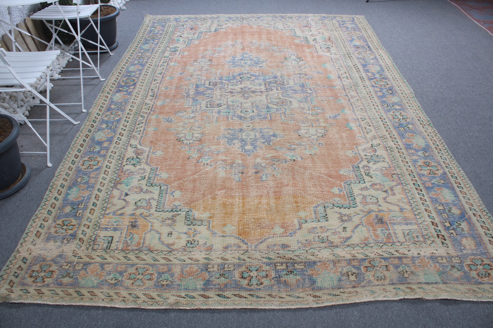 Salon Halıları, Oushak Halısı, Vintage Halılar, Turuncu 7x10.5 ft Büyük Boy Halı, Ofis Halısı, Oryantal Halılar, Salon Halıları, Türk Halısı