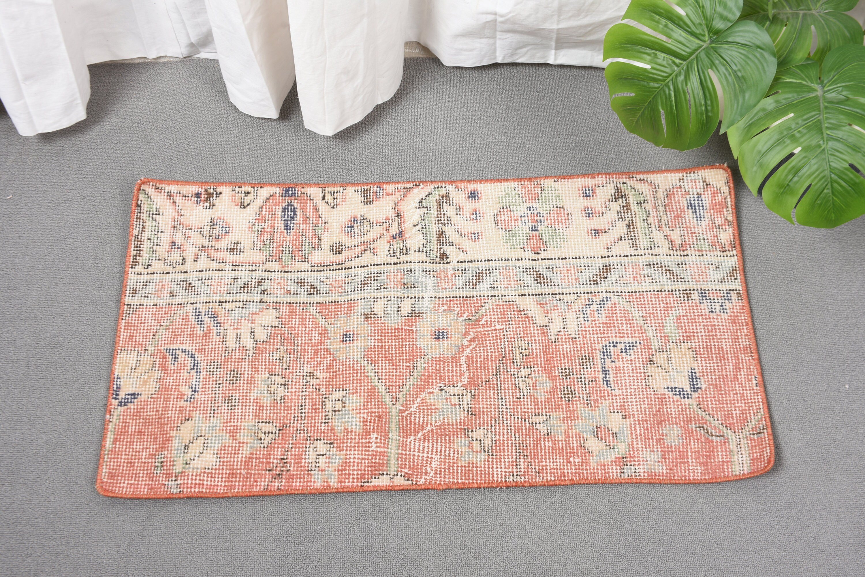 Entry Rugs, Vintage Rug, 1.5x2.8 ft Small Rugs, Bedroom Rugs, Small Area Rug, Orange Wool Rug, Rugs for Bath, Kitchen Rugs, Turkish Rugs