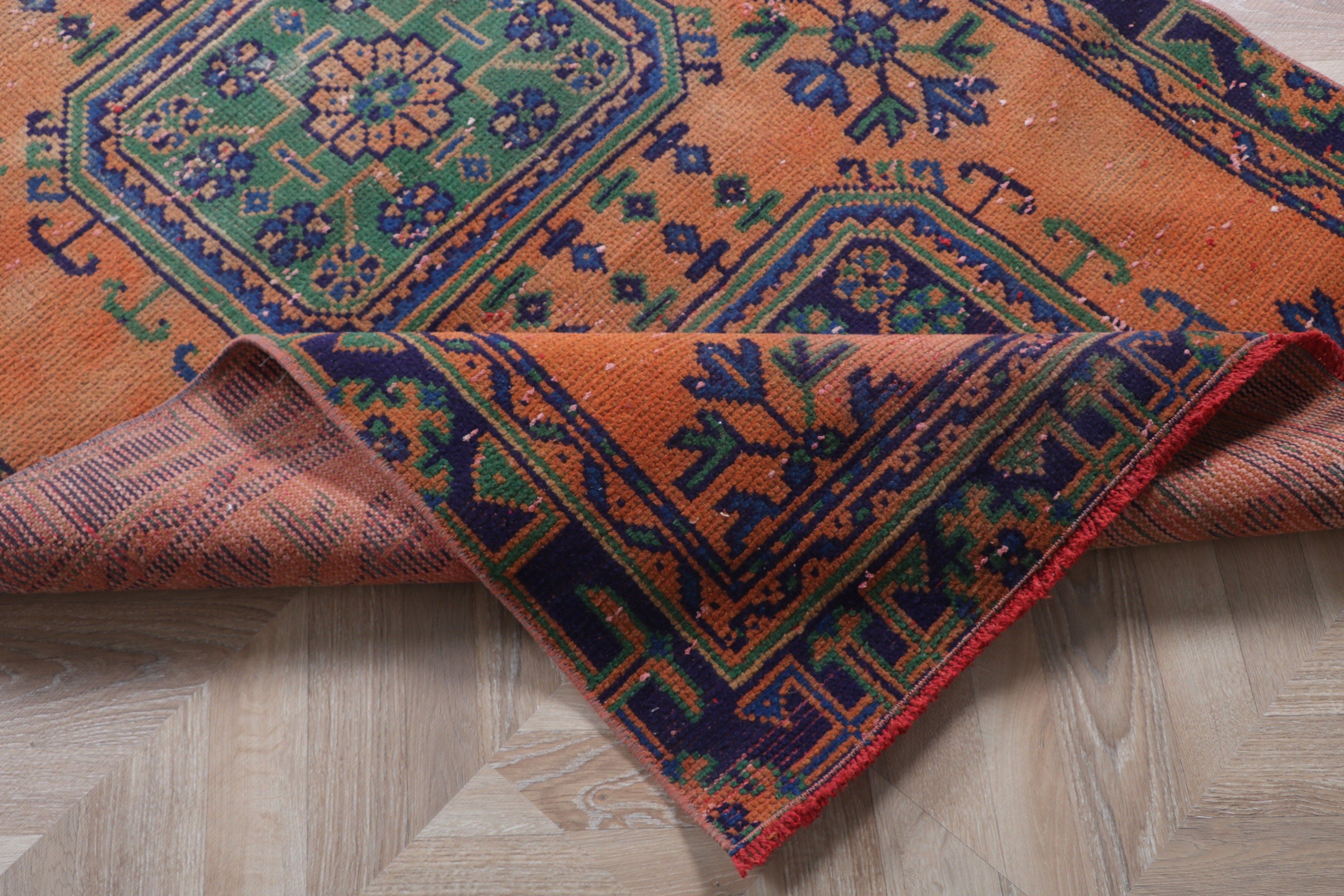 Merdiven Halısı, Vintage Halı, 3.6x10.1 ft Runner Halıları, Turuncu Geometrik Halı, El Dokuma Halıları, Türk Halısı, Beni Ourain Runner Halıları, Boho Halısı