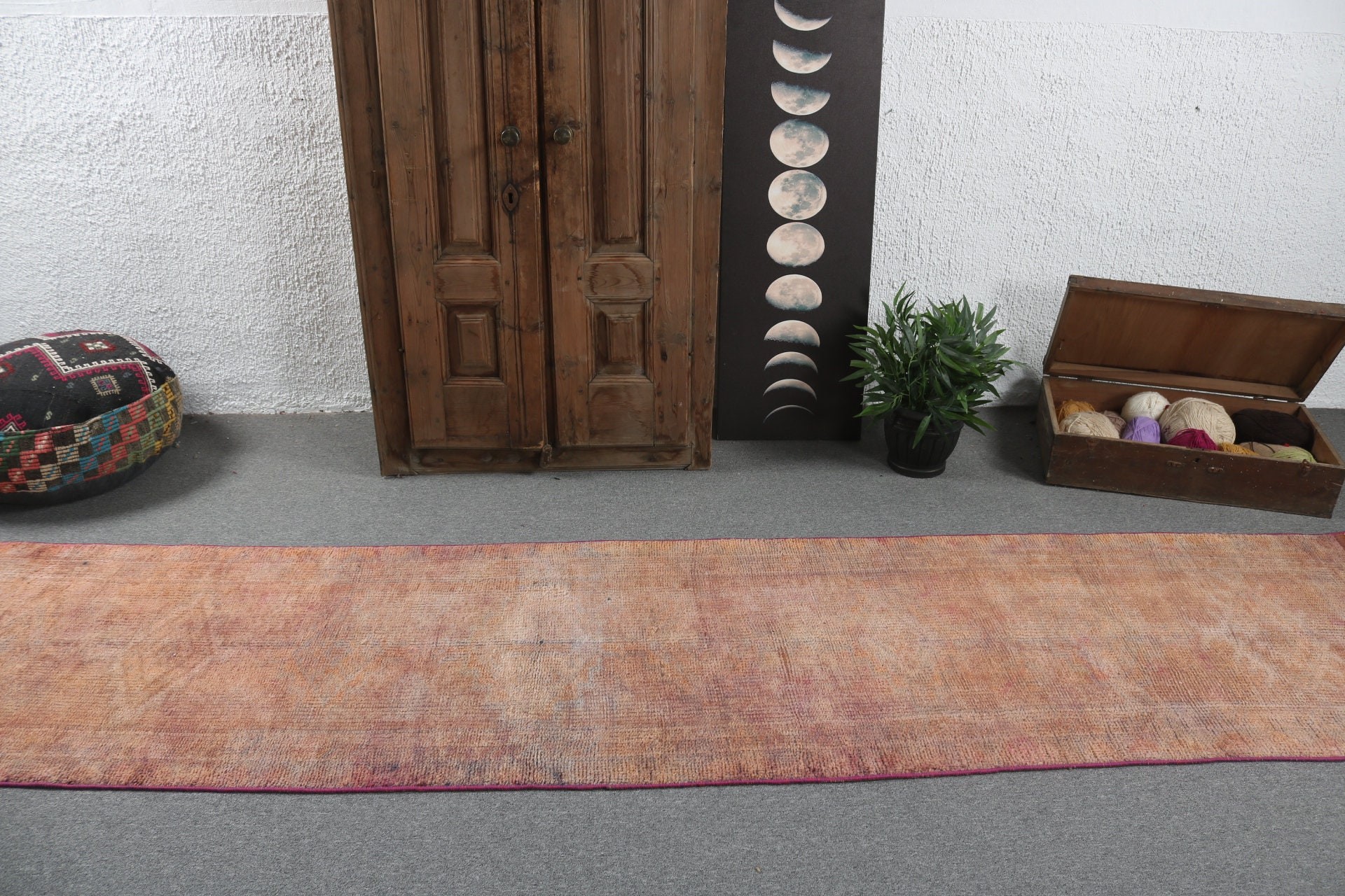 Ev Dekor Halısı, Vintage Halı, 2.6x12 ft Runner Halısı, Uzun Yolluk Halısı, Türk Halıları, Düz Dokuma Halı, Vintage Runner Halısı, Turuncu Geometrik Halılar