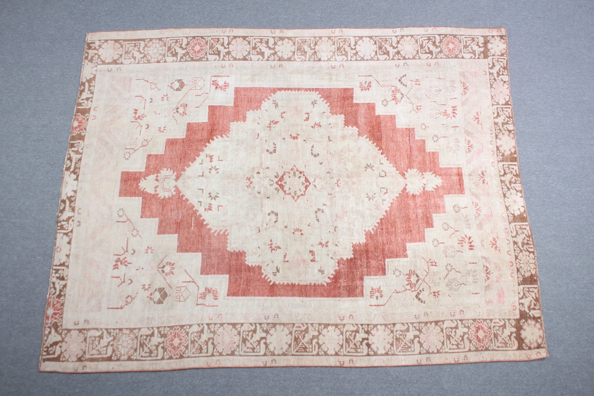 Antika Halı, Vintage Halı, Yemek Odası Halısı, Oturma Odası Halısı, Türk Halısı, Göçebe Halısı, 6.4x8.3 ft Büyük Halı, Bej Yatak Odası Halısı, Oushak Halısı