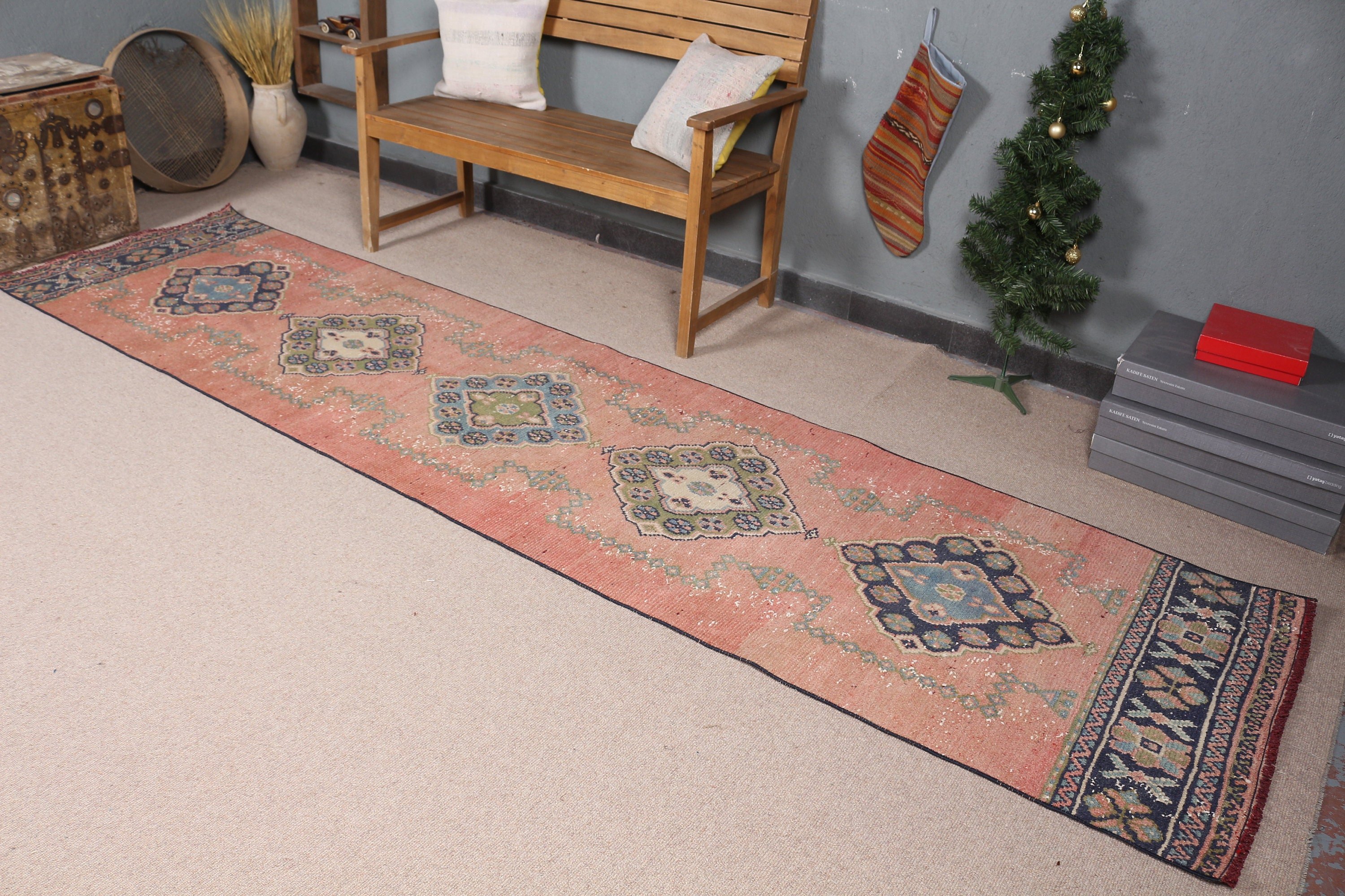 2.8x11.3 ft Runner Halı, Vintage Halı, Boho Halı, Merdiven Halısı, Oushak Halıları, Türk Halıları, Koridor Halıları, Antika Halı, Turuncu Fas Halıları