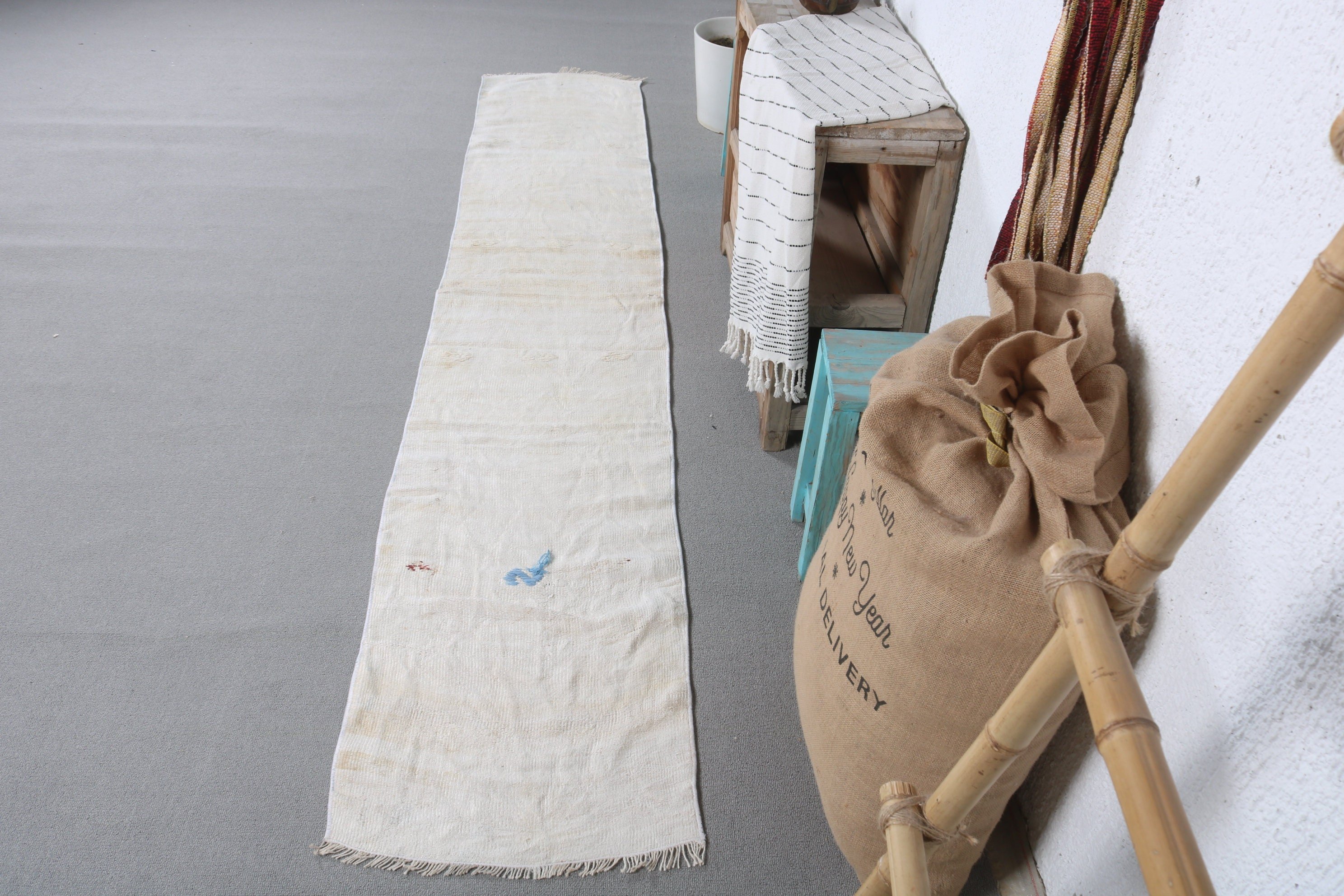 1.6x8.8 ft Runner Rugs, Oriental Rugs, Wool Rug, Hallway Rug, Vintage Rug, Stair Rug, White Wool Rug, Rugs for Hallway, Turkish Rug