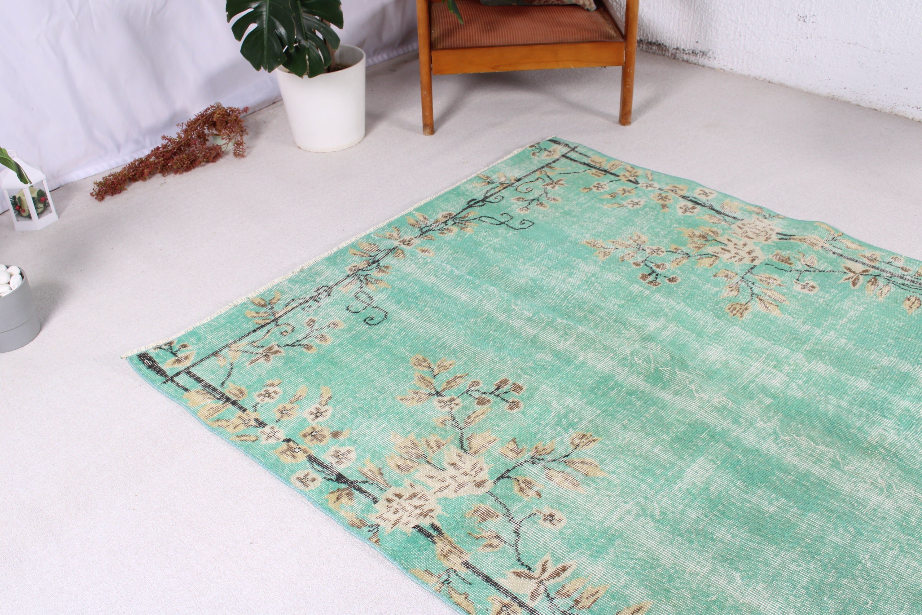 Yemek Odası Halısı, Türk Halıları, Modern Halı, Lüks Halı, Büyük Oushak Halıları, Yeşil Yün Halı, Vintage Halılar, 5x9 ft Büyük Halılar, Salon Halıları