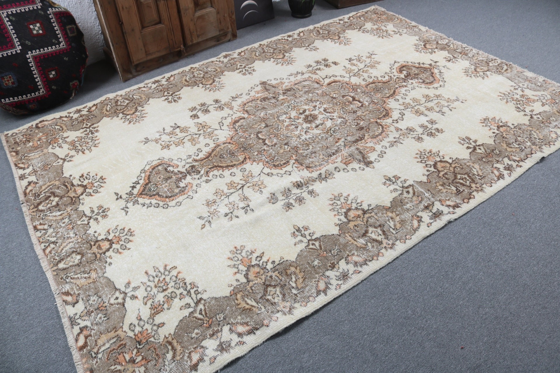 Yatak Odası Halıları, Egzotik Halı, Türk Halısı, Salon Halısı, Bej Boho Halısı, Oryantal Halılar, 6.1x8 ft Büyük Halı, Büyük Oushak Halısı, Vintage Halı