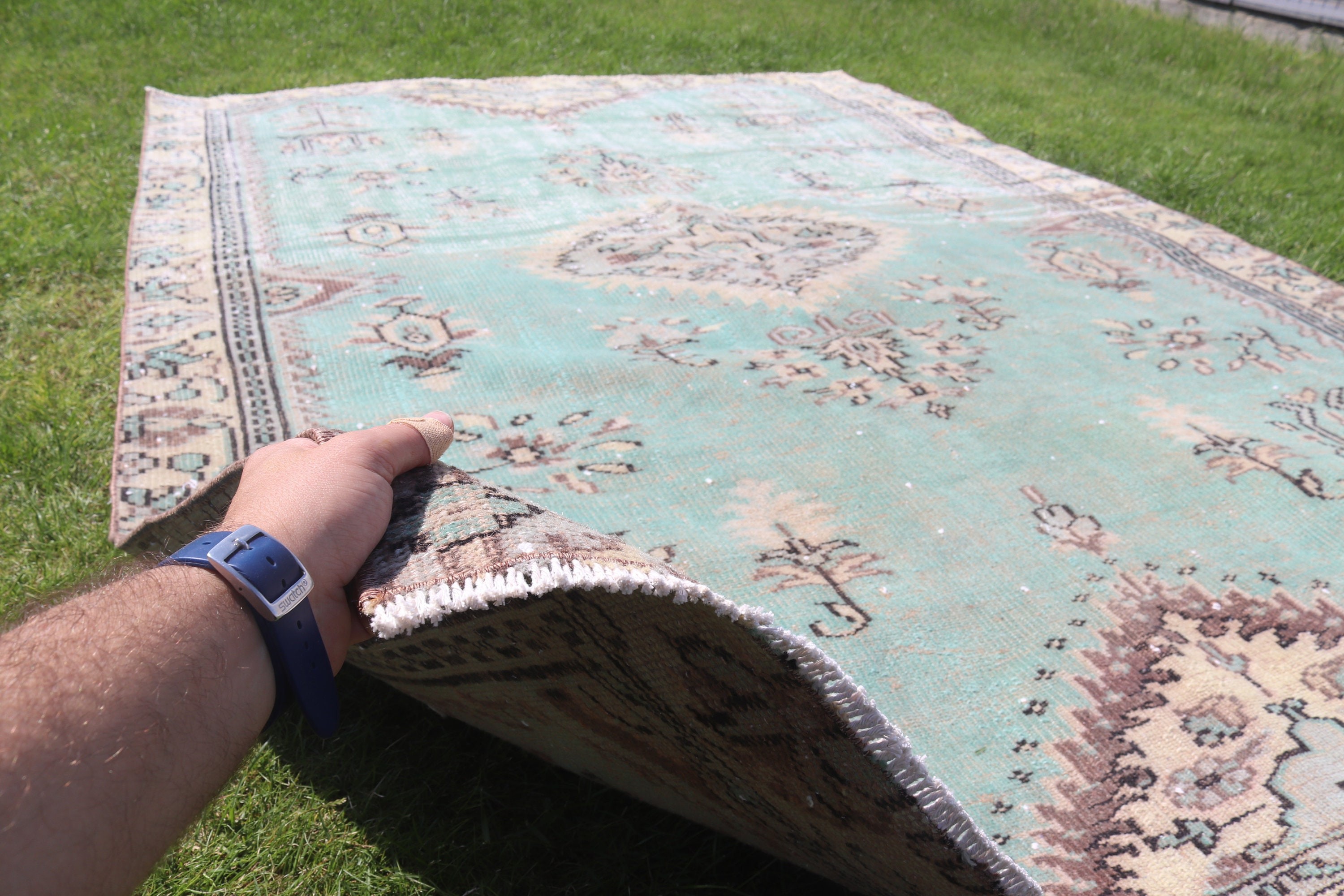 Geometrik Halı, Yer Halısı, Büyük Vintage Halı, Yeşil Oushak Halıları, 5,8x8,2 ft Büyük Halılar, Türk Halısı, Vintage Halı, Fas Halıları, Yatak Odası Halısı