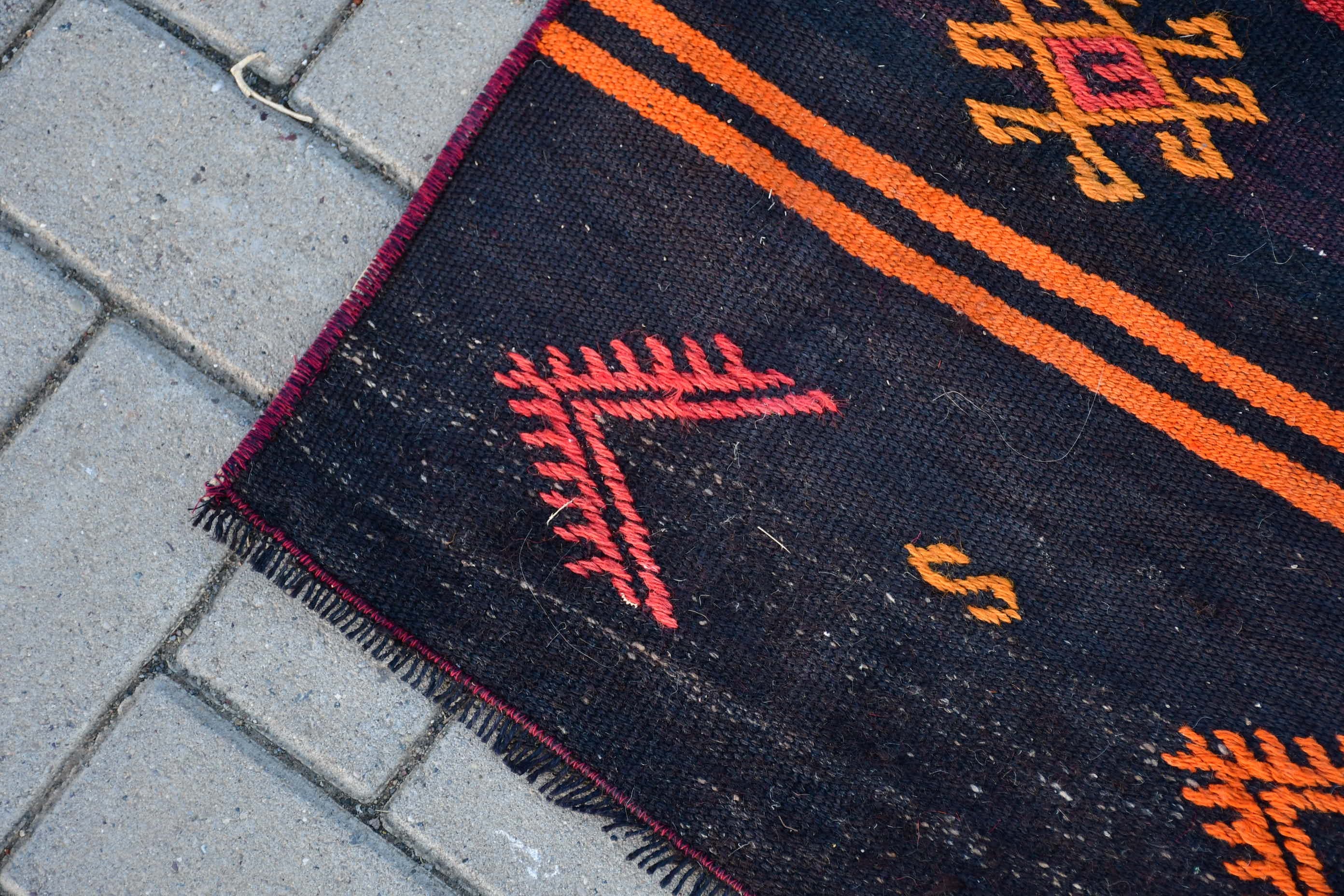 Koridor Halısı, Vintage Halı, Koşucu Halıları, Yatak Odası Halısı, Anadolu Halıları, Türk Halıları, Kilim, Siyah 3.5x13 ft Yolluk Halısı