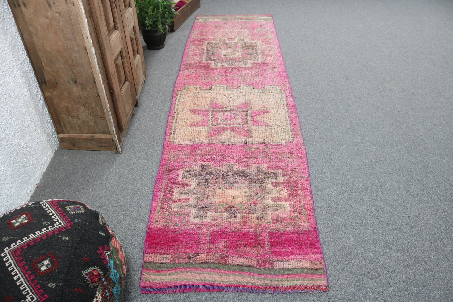 Yatak Odası Halısı, Pembe Geometrik Halı, Düz Dokuma Halılar, Vintage Runner Halıları, Runner Halıları, Türk Halısı, Vintage Halılar, 2.5x9.7 ft Runner Halıları