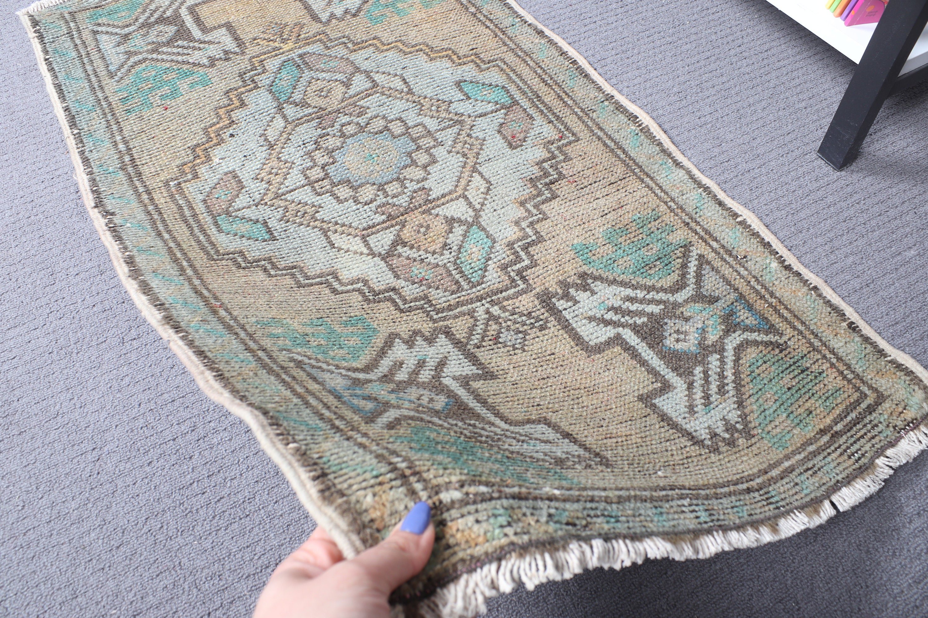 Duvara Asılı Halı, Kahverengi Anadolu Halısı, 1.7x3.2 ft Küçük Halı, Çocuk Halıları, Etnik Halılar, Vintage Halılar, Yer Halıları, Türk Halıları, Oushak Halısı