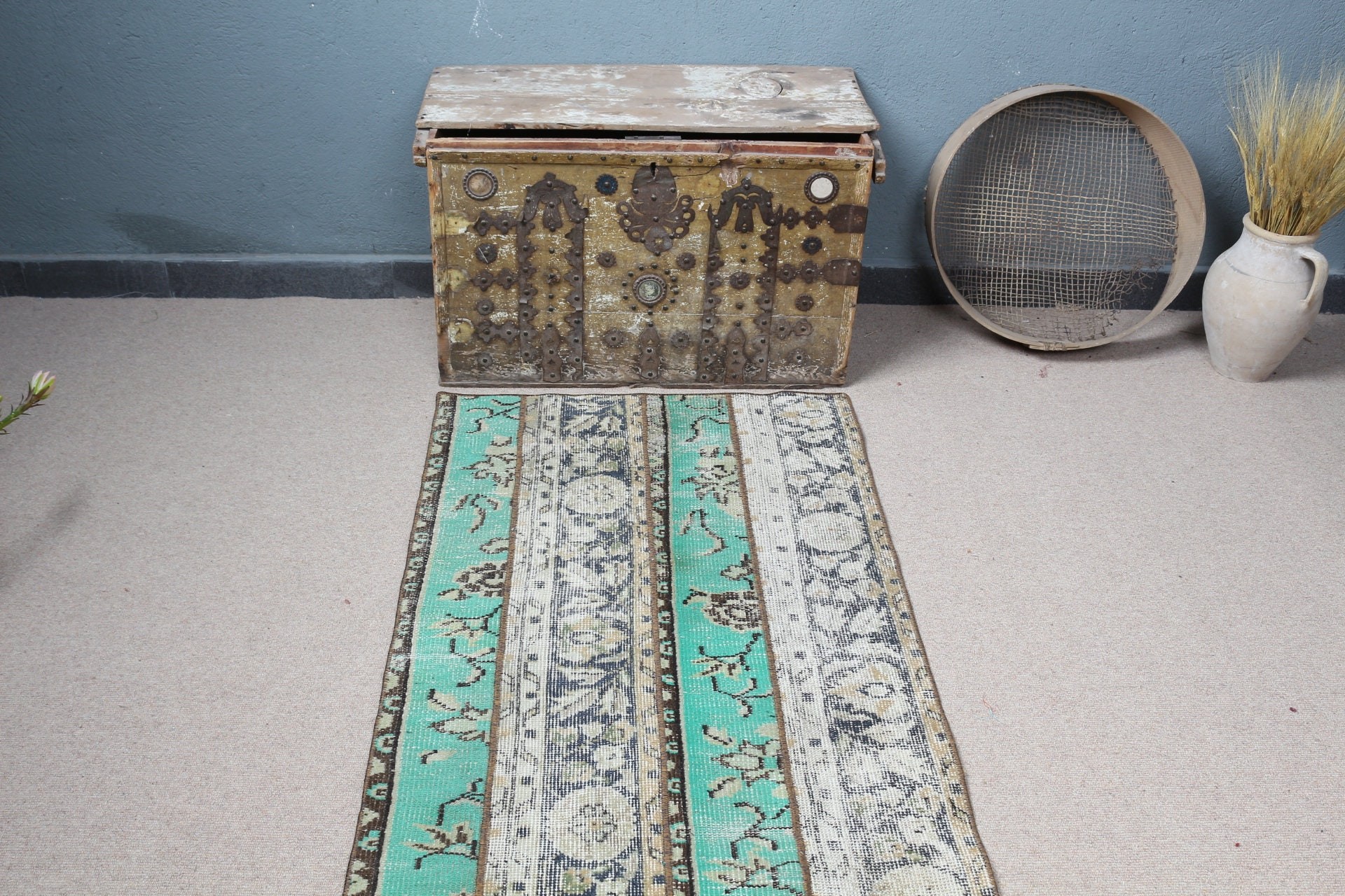 Oriental Rugs, Vintage Rug, Stair Rug, Rugs for Runner, 2.6x6.9 ft Runner Rugs, Corridor Rug, Turkish Rug, Oushak Rug, Green Antique Rug