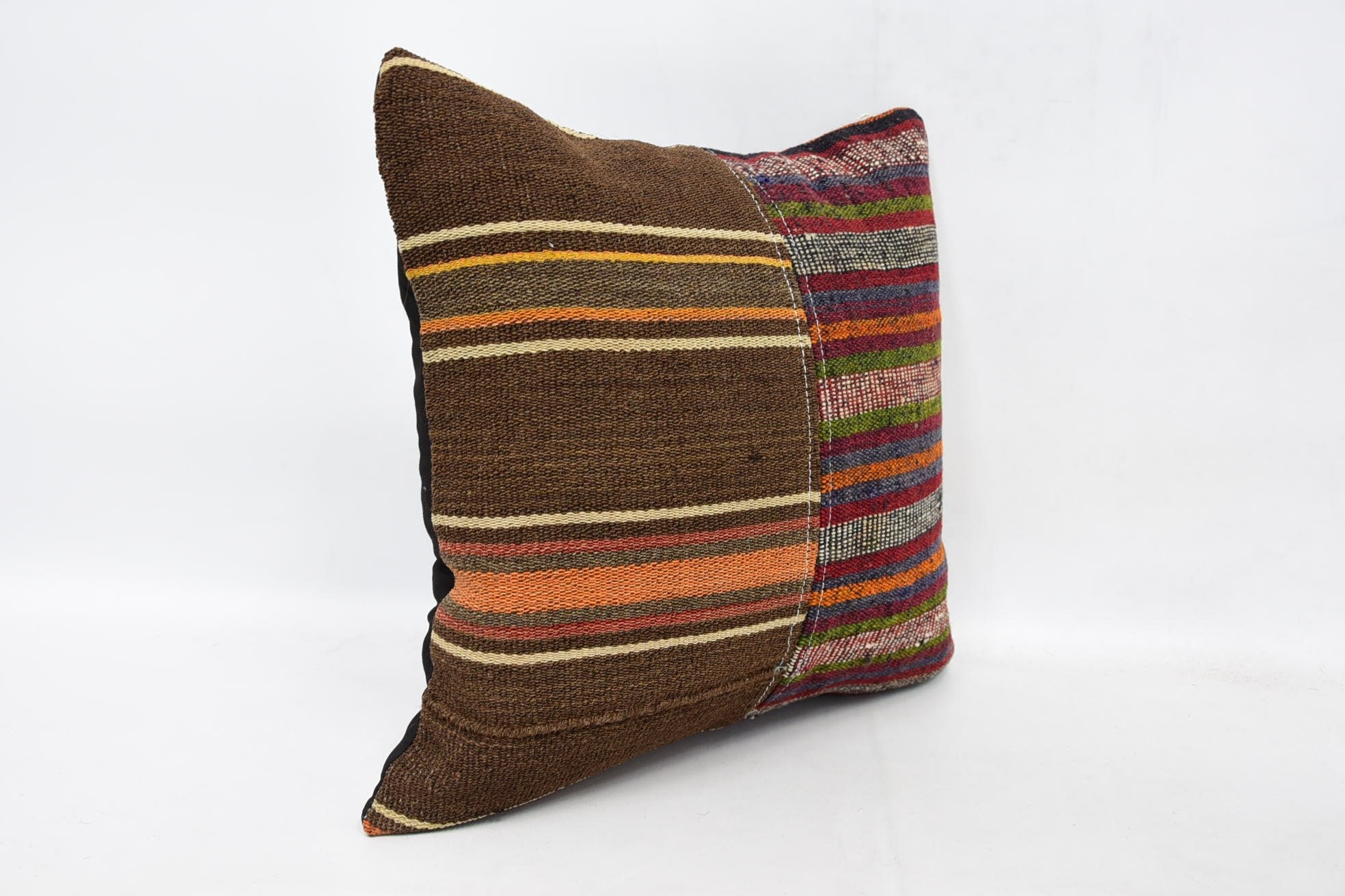 Handwoven Pillow Case, 16"x16" Brown Cushion, Kilim Cushion Sham, Boho Pillow, Pillow for Couch, Colorful Cushion