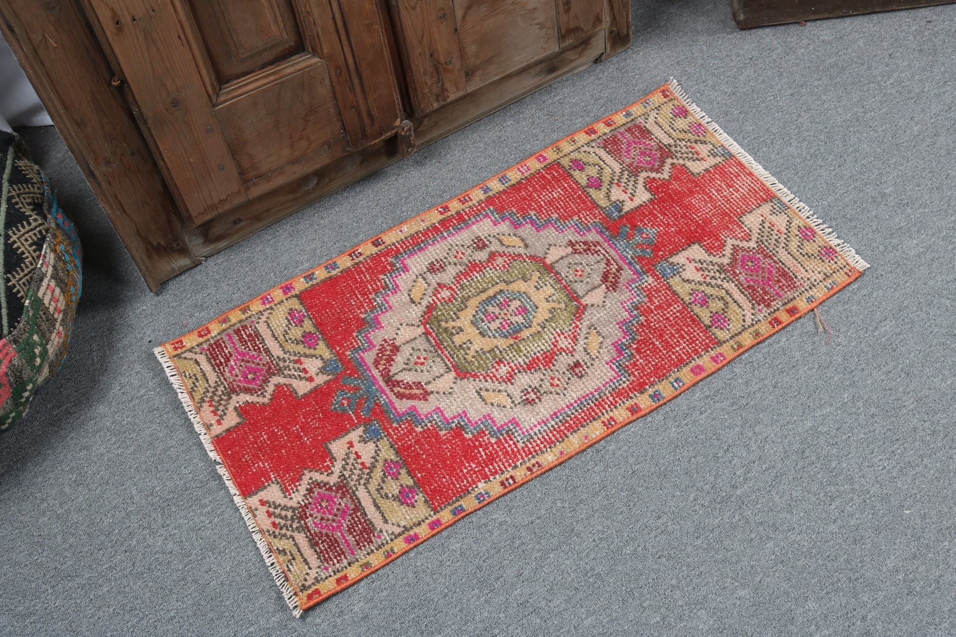 Vintage Rugs, Home Decor Rugs, Turkish Rug, Oushak Rugs, 1.5x2.8 ft Small Rugs, Bathroom Rug, Red Antique Rugs, Small Vintage Rugs