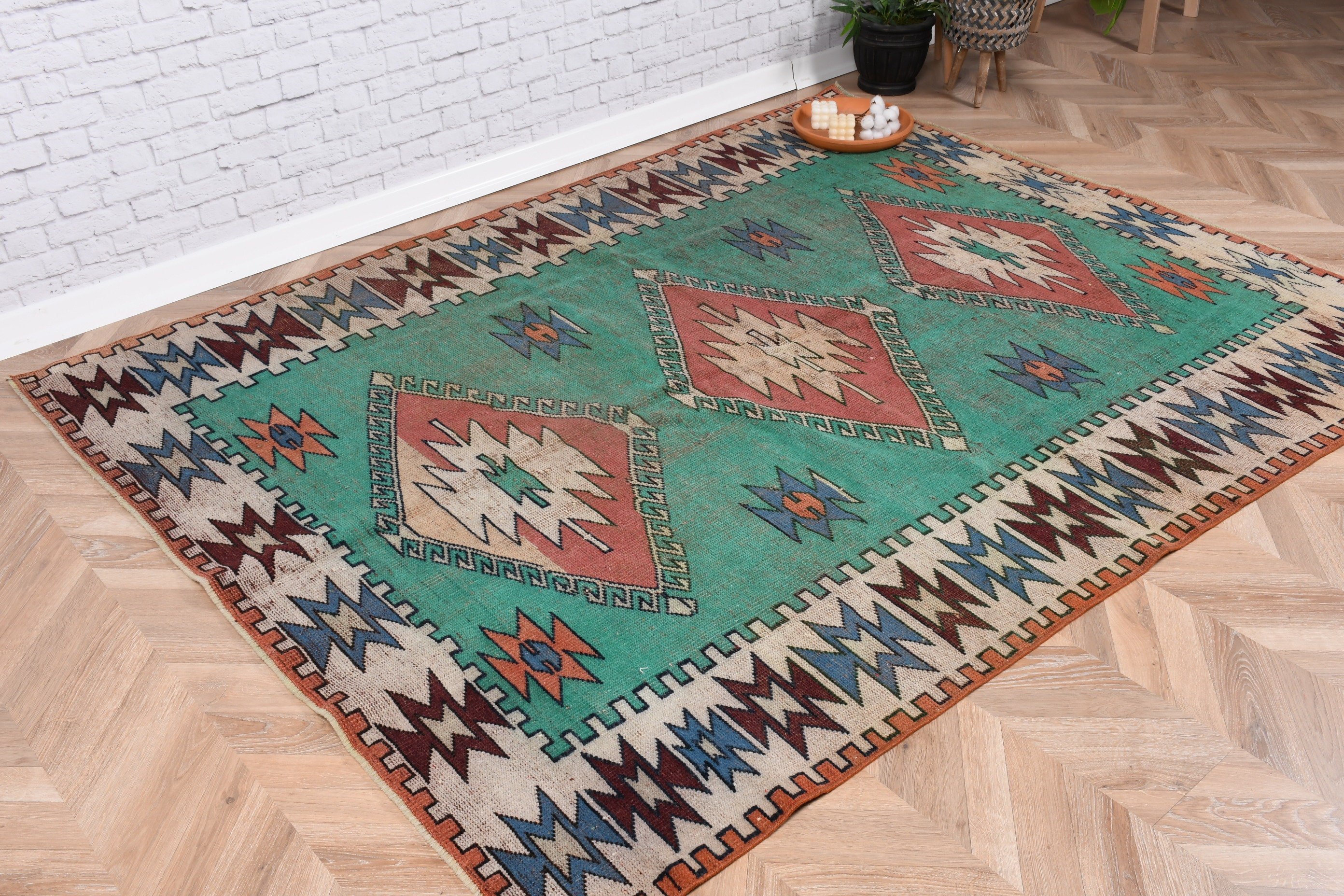 Floor Rug, Turkish Rugs, 5.3x7.1 ft Area Rugs, Rugs for Kitchen, Kilim, Bedroom Rugs, Oushak Rug, Green Boho Rugs, Kitchen Rug, Vintage Rug