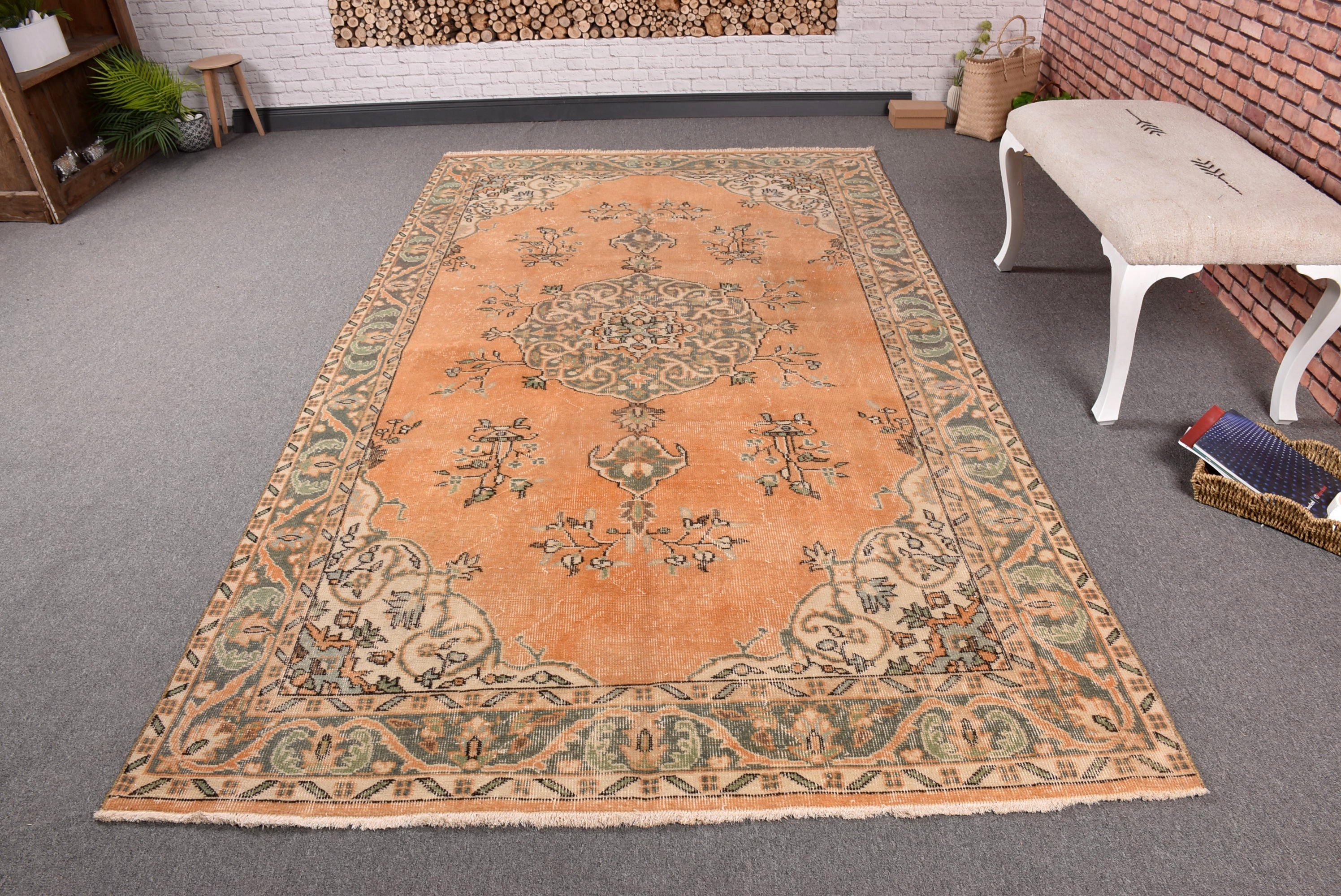 Vintage Halı, Salon Halıları, Türkiye Halıları, Büyük Oushak Halısı, 5,2x9,4 ft Büyük Halı, Ev Dekor Halıları, Yer Halıları, Türk Halısı, Turuncu Mutfak Halısı