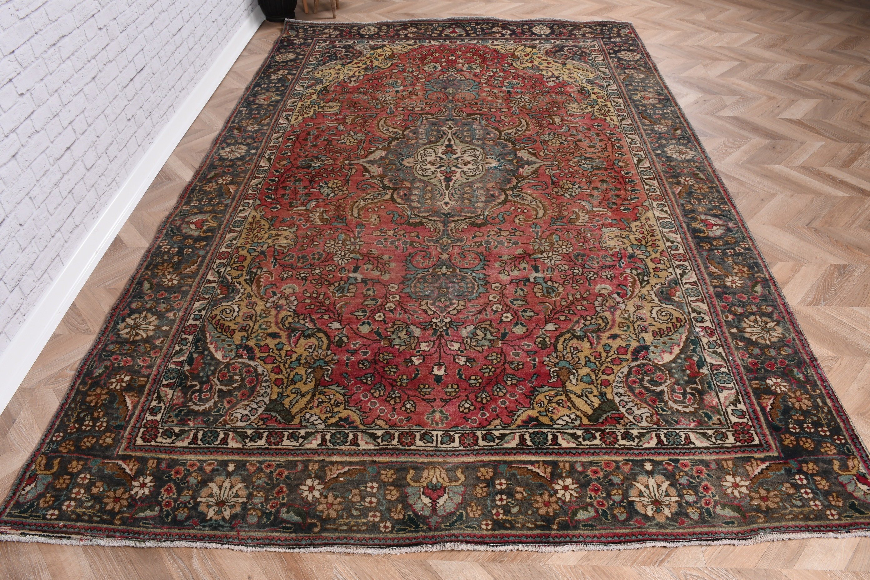 Açıklama Halısı, Sarı Oushak Halıları, 6.1x9.4 ft Büyük Halı, Yatak Odası Halısı, Türk Halısı, Vintage Halılar, Yer Halısı, Büyük Oushak Halısı