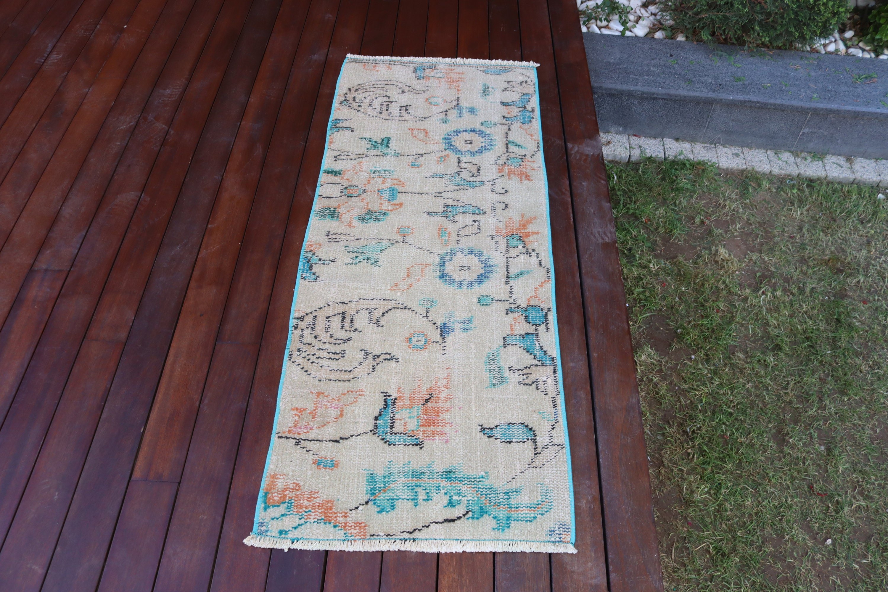 1.8x4.5 ft Küçük Halı, Bej Düz Dokuma Halı, Yün Halılar, Vintage Halılar, Ofis Halıları, Duvara Asılı Halı, Kapı Paspas Halısı, Türk Halıları, Nötr Halı