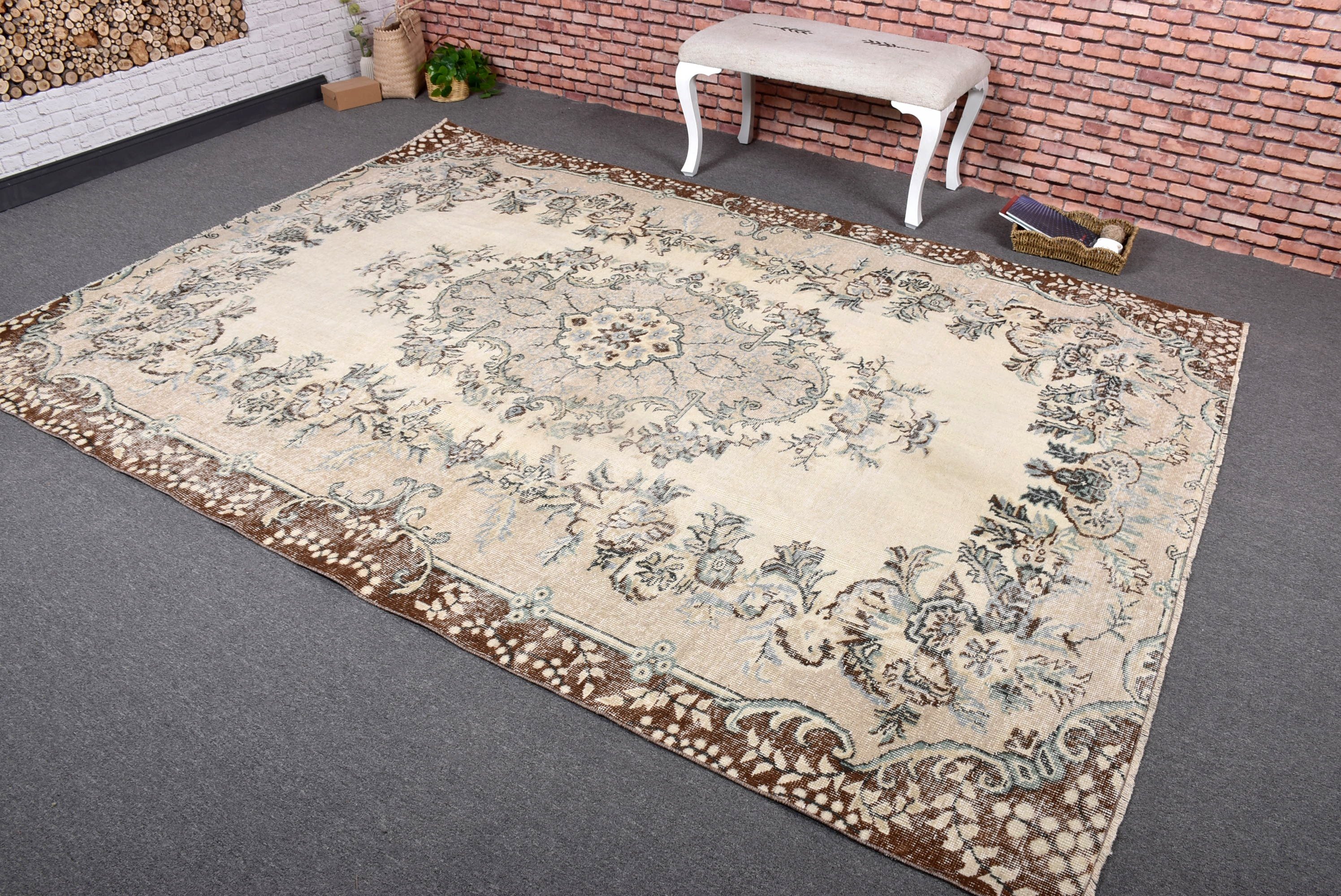 Yatak Odası Halısı, Salon Halıları, 6.9x9.4 ft Büyük Halı, Türk Halısı, Salon Halısı, Bej Fas Halısı, Havalı Halılar, Vintage Halılar, Oushak Halısı