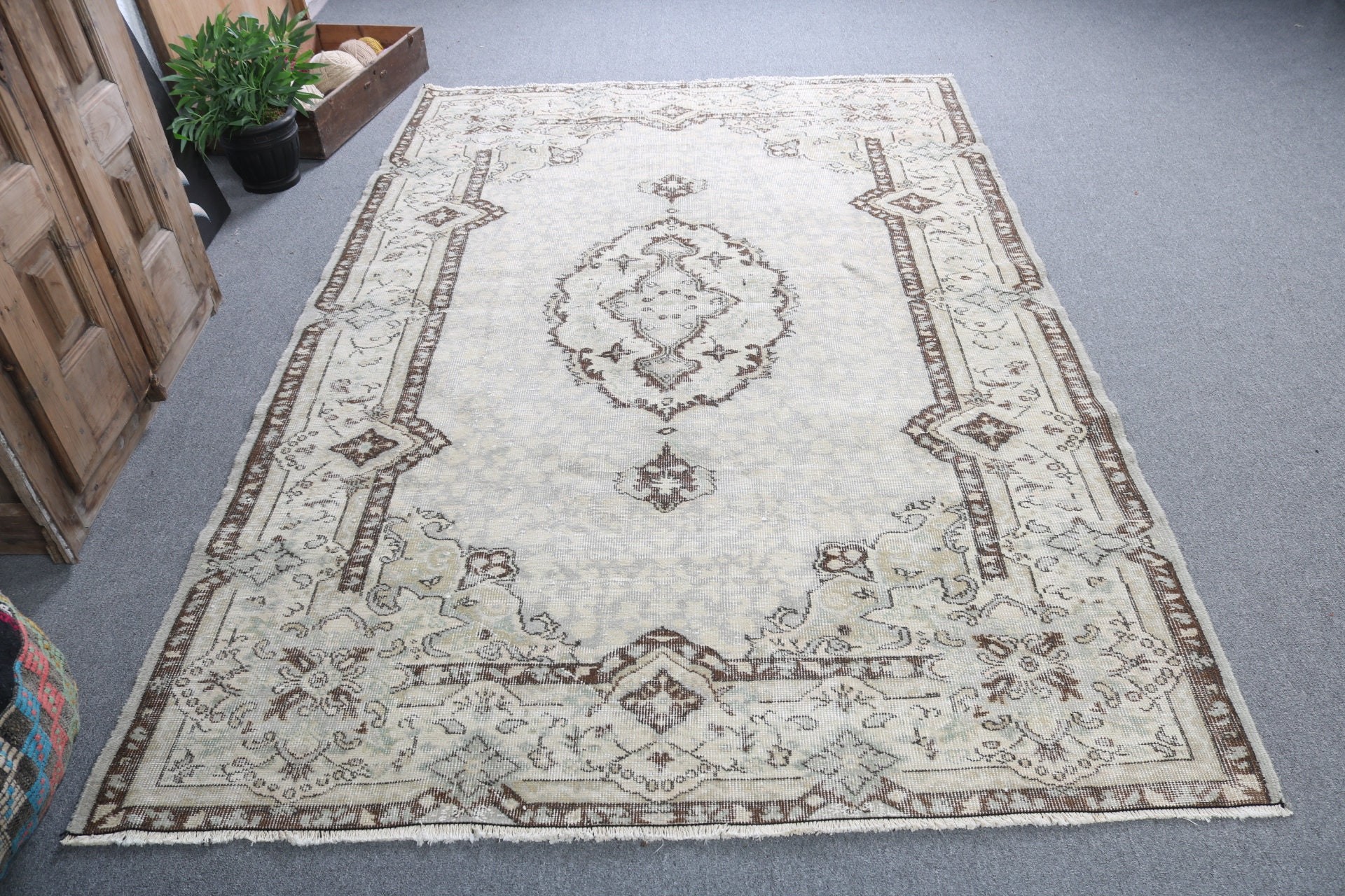 Vintage Halılar, Bej Nötr Halılar, Türk Halısı, Oushak Halısı, Salon Halısı, El Dokuma Halısı, Oturma Odası Halıları, Etnik Halı, 5,4x8,5 ft Büyük Halı