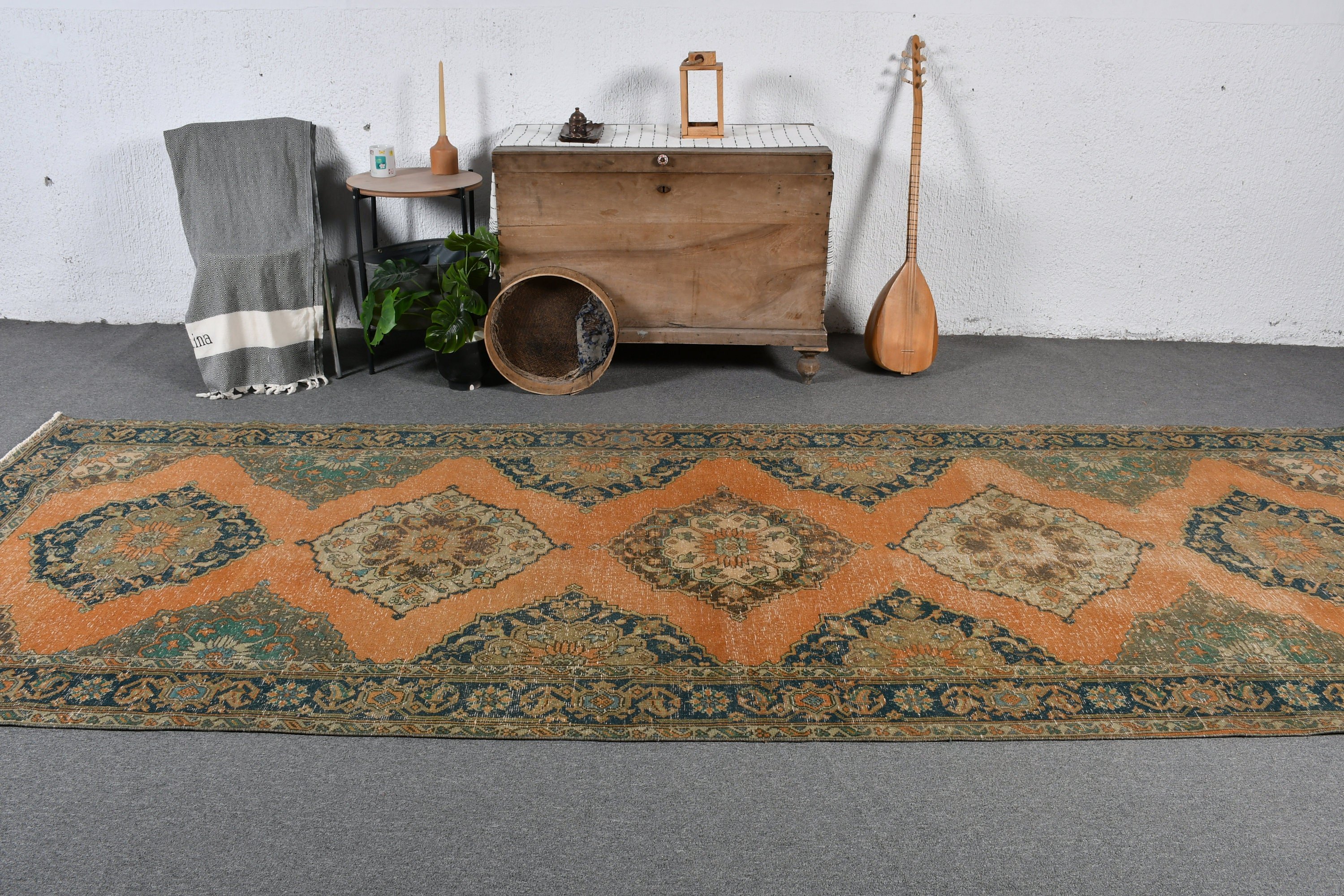 4.7x12.9 ft Runner Rugs, Vintage Rug, Corridor Rugs, Orange Floor Rug, Muted Rug, Turkish Rug, Hallway Rug, Oushak Rug