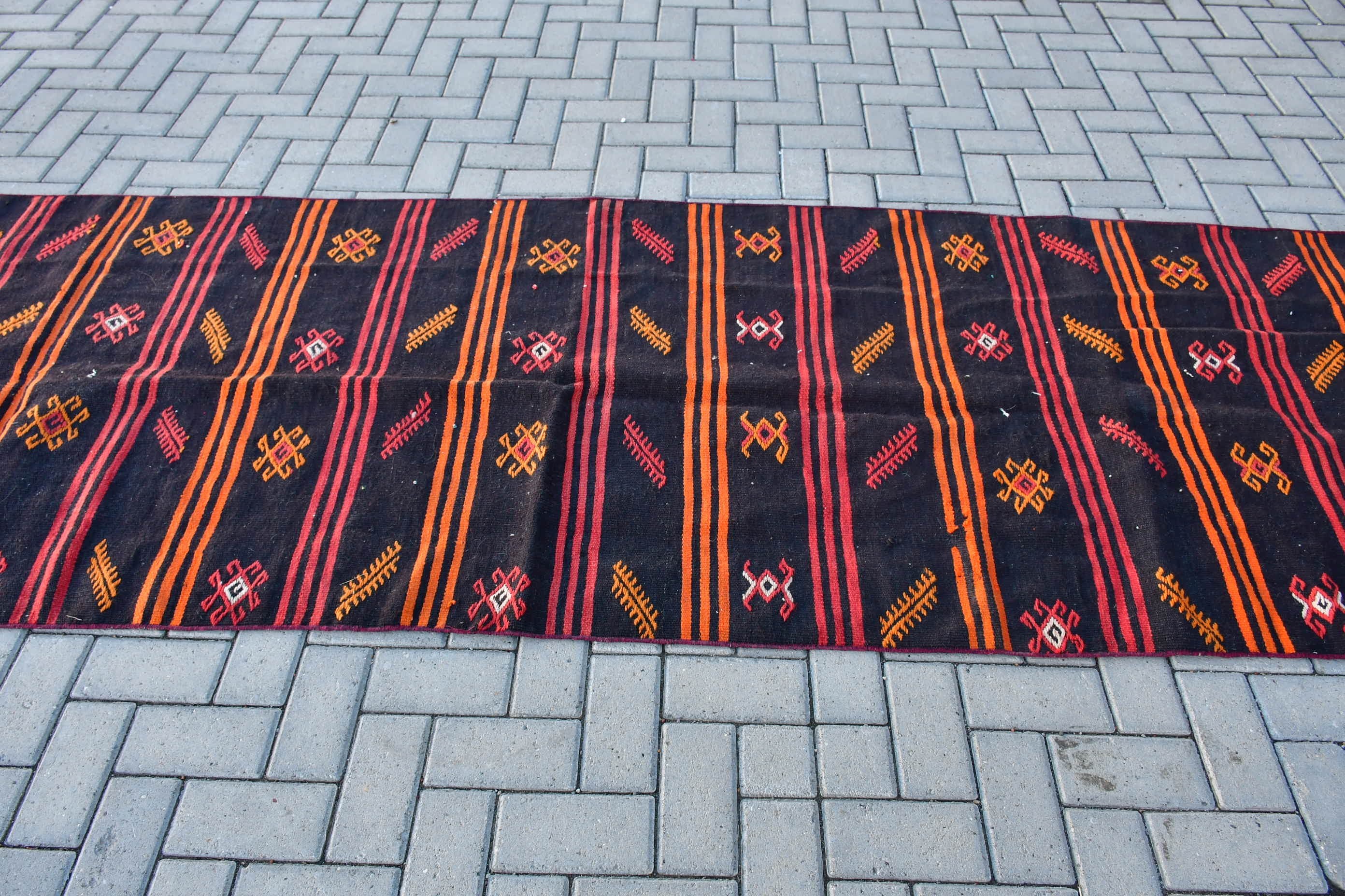 Corridor Rug, Vintage Rug, Rugs for Runner, Bedroom Rug, Anatolian Rugs, Turkish Rugs, Kilim, Black  3.5x13 ft Runner Rug