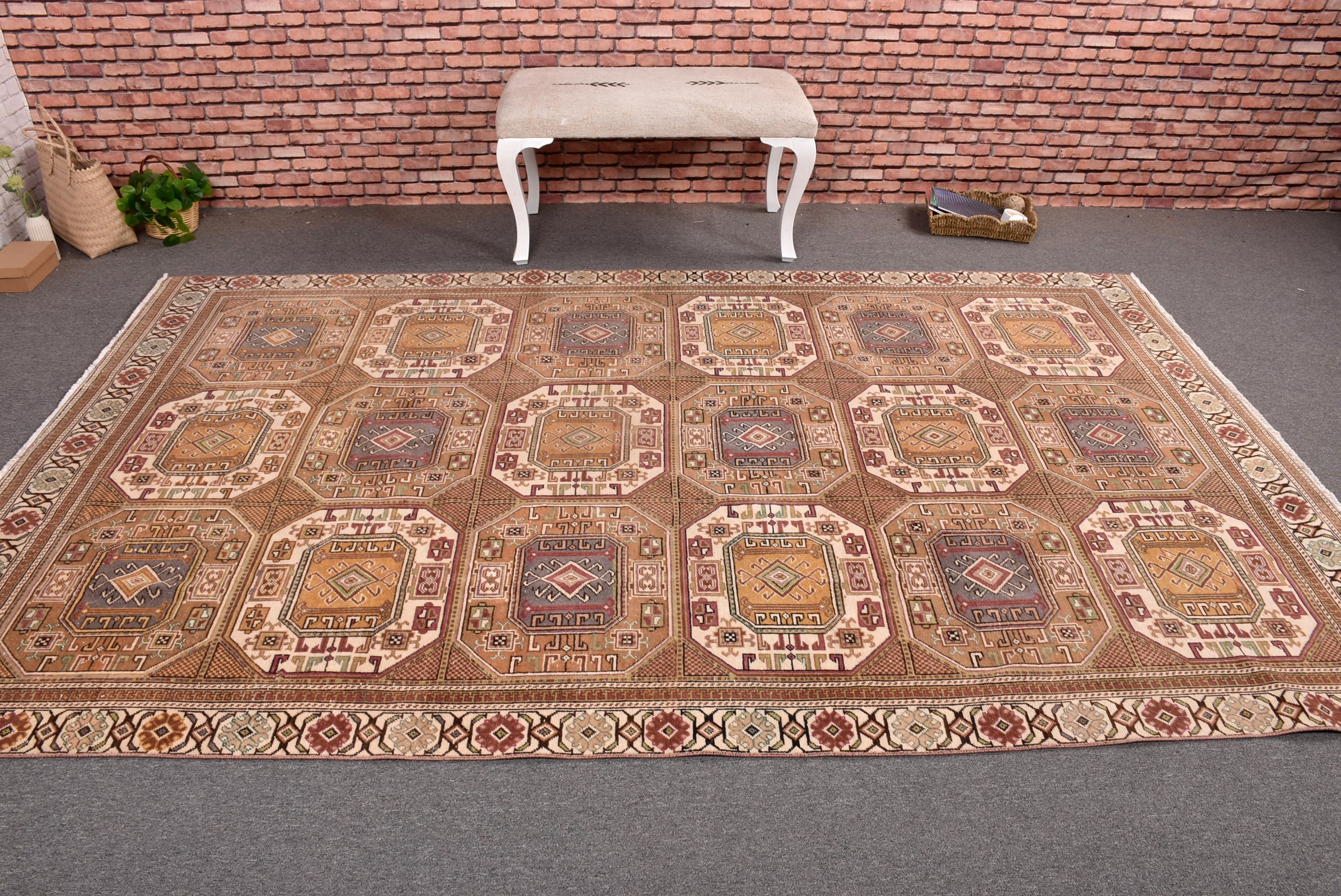 Brown Luxury Rug, Vintage Rugs, Rugs for Salon, 6x9.6 ft Large Rug, Salon Rug, Kitchen Rug, Living Room Rug, Turkish Rugs