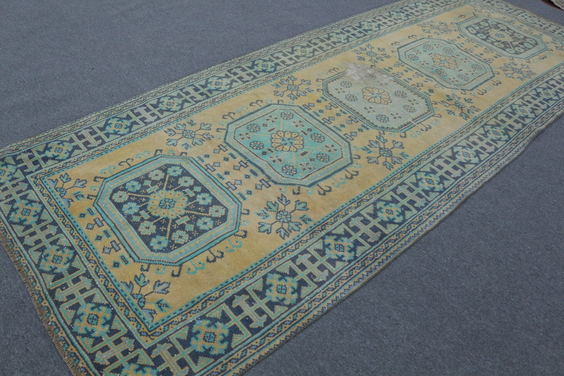 Kitchen Rugs, Cool Rugs, Wool Rug, 4.5x11.6 ft Runner Rug, Vintage Rug, Turkish Rug, Hallway Rug, Yellow Wool Rug, Rugs for Hallway