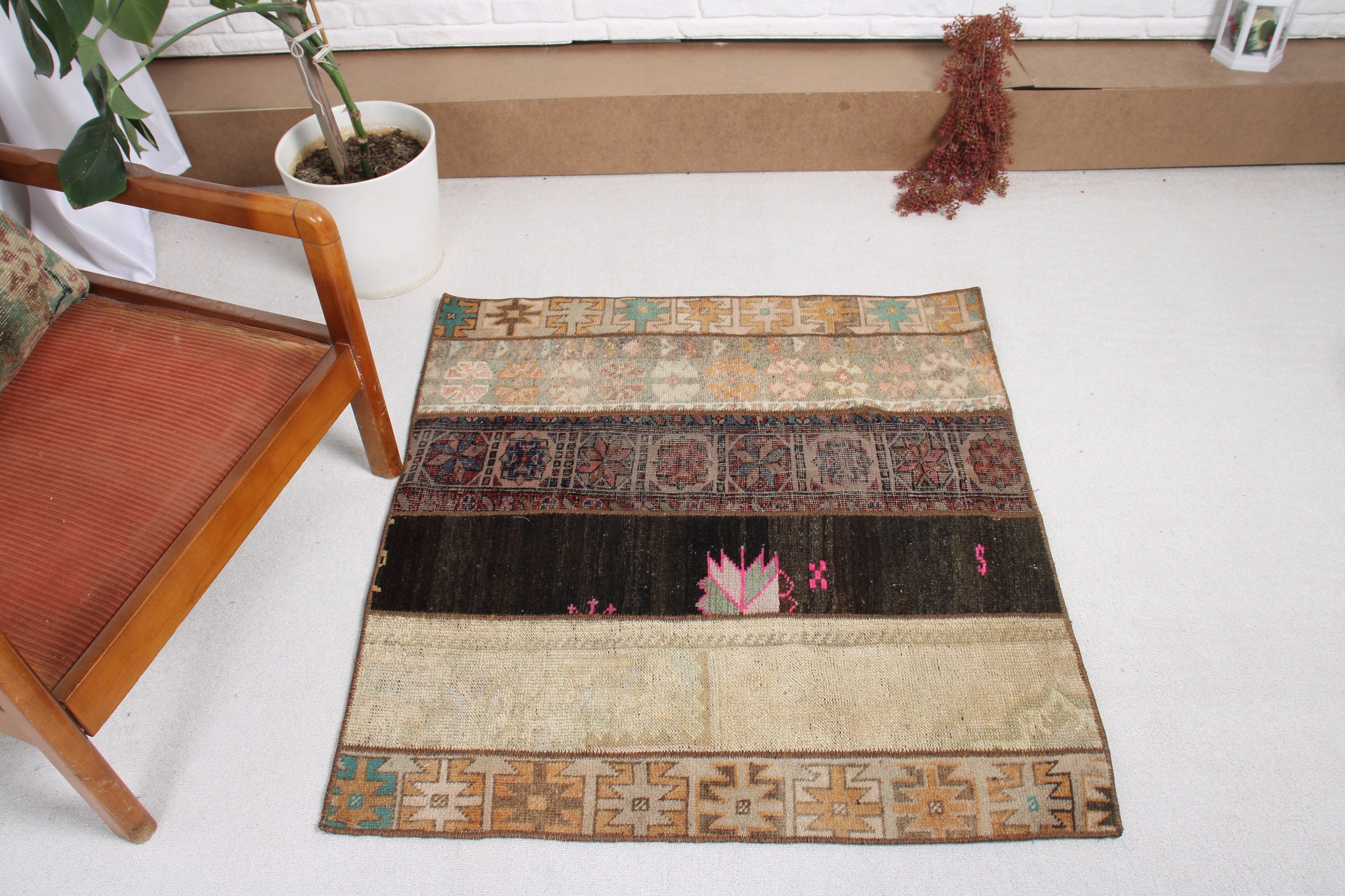 El Yapımı Halı, Küçük Boho Halılar, Türk Halısı, Antika Halı, Yatak Odası Halısı, Bej Yatak Odası Halıları, Banyo Halıları, Vintage Halı, 3.2x3.3 ft Küçük Halı