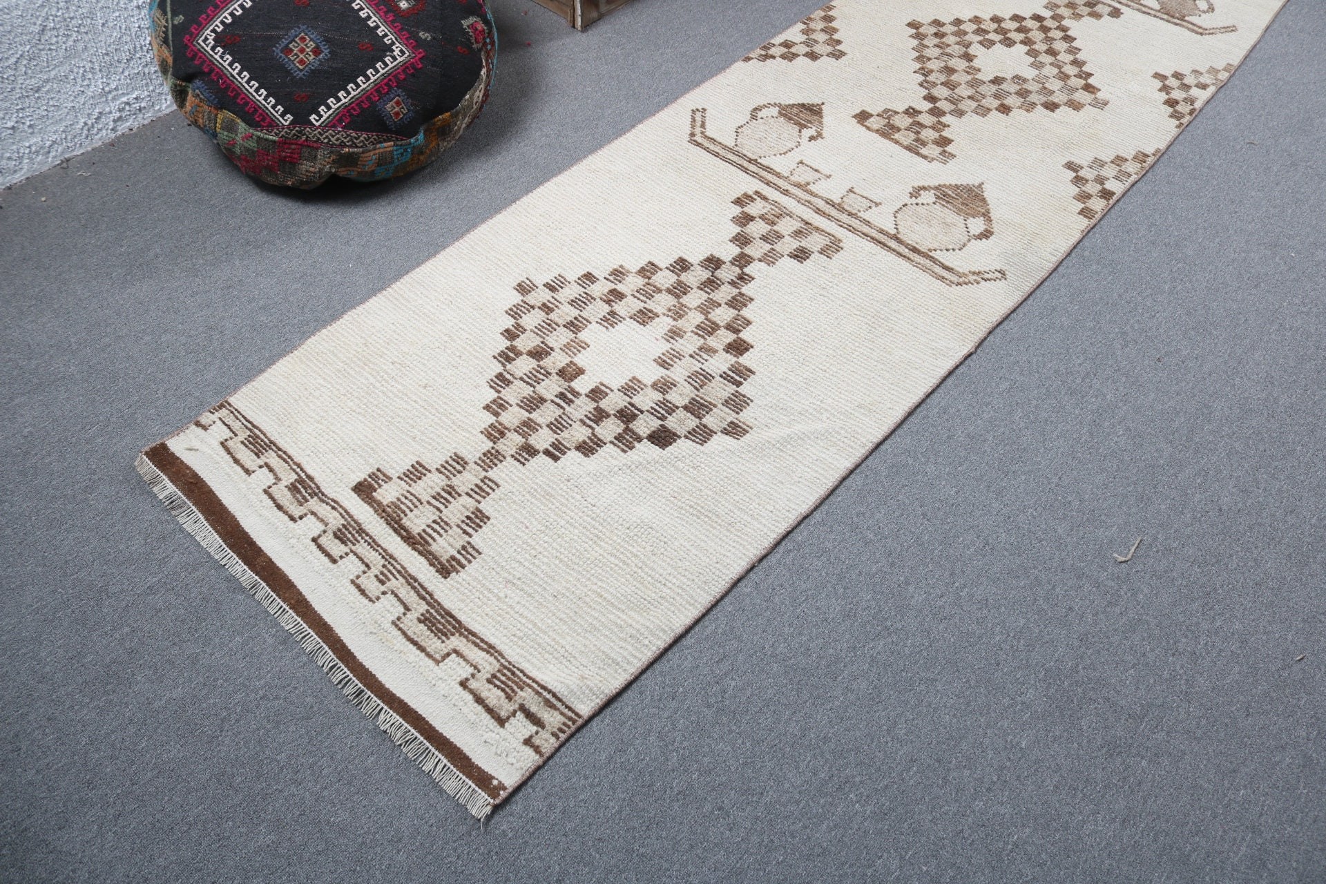 Oushak Rugs, 2.7x12.6 ft Runner Rugs, Vintage Rugs, Hallway Rugs, Beige Handwoven Rug, Geometric Rug, Turkish Rug, Vintage Runner Rug