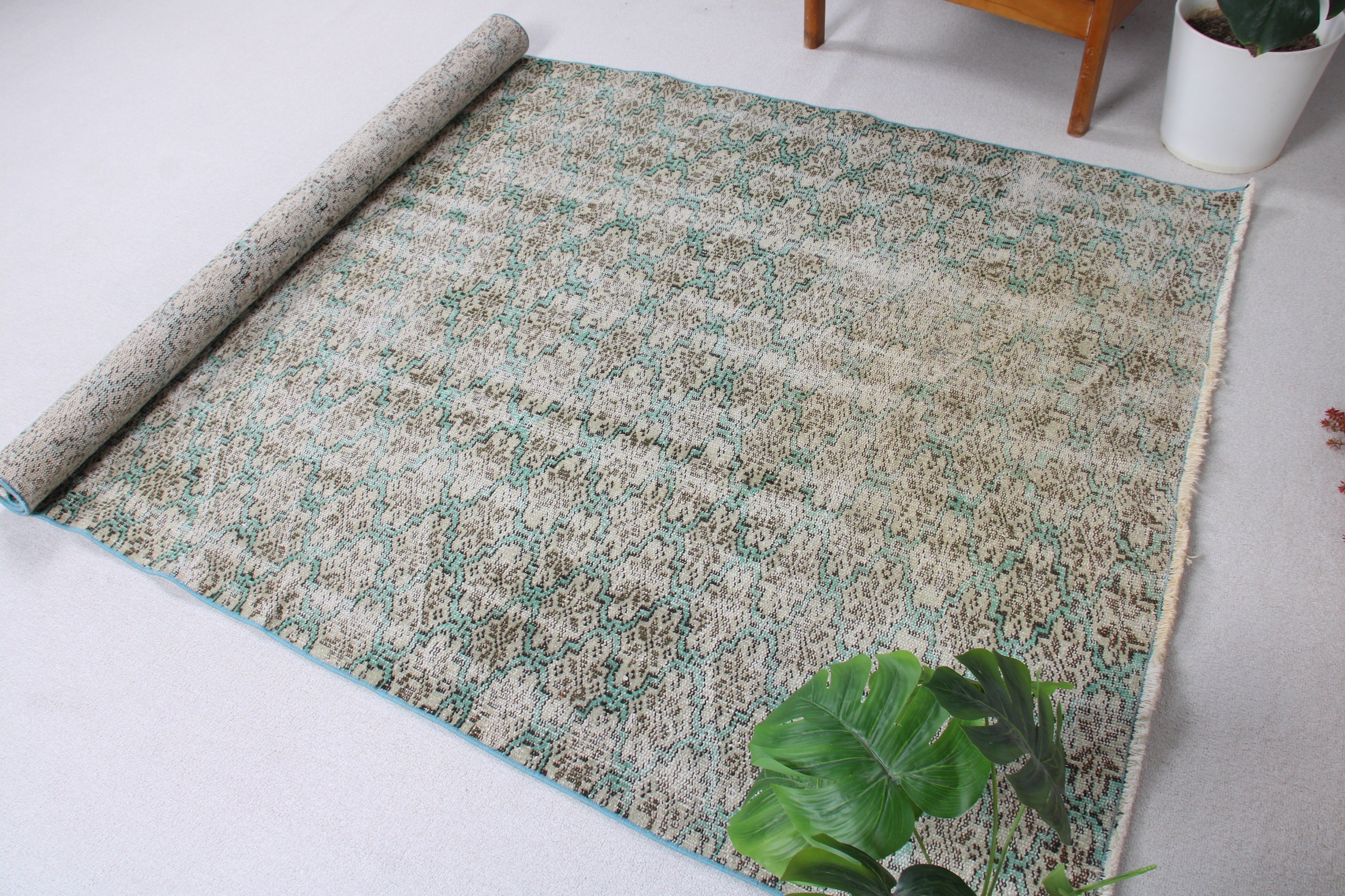 Ev Dekorasyonu Halıları, Vintage Halılar, Oushak Alan Halısı, 4.7x8.3 ft Alan Halıları, Türk Halıları, Yeşil Ev Dekorasyonu Halıları, Çocuk Halıları