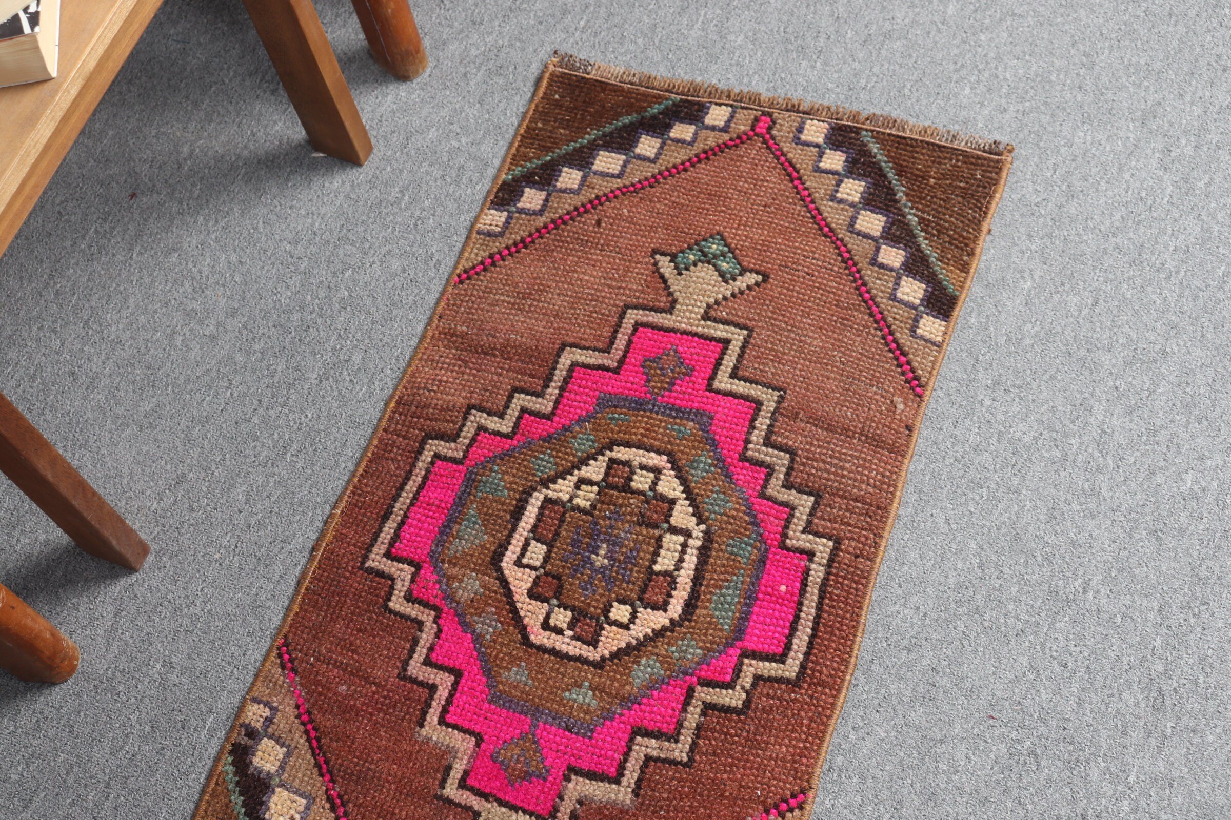 Kitchen Rugs, Vintage Rug, Turkish Rug, Brown Floor Rug, Bedroom Rugs, 1.4x2.7 ft Small Rug, Rugs for Entry, Cool Rugs
