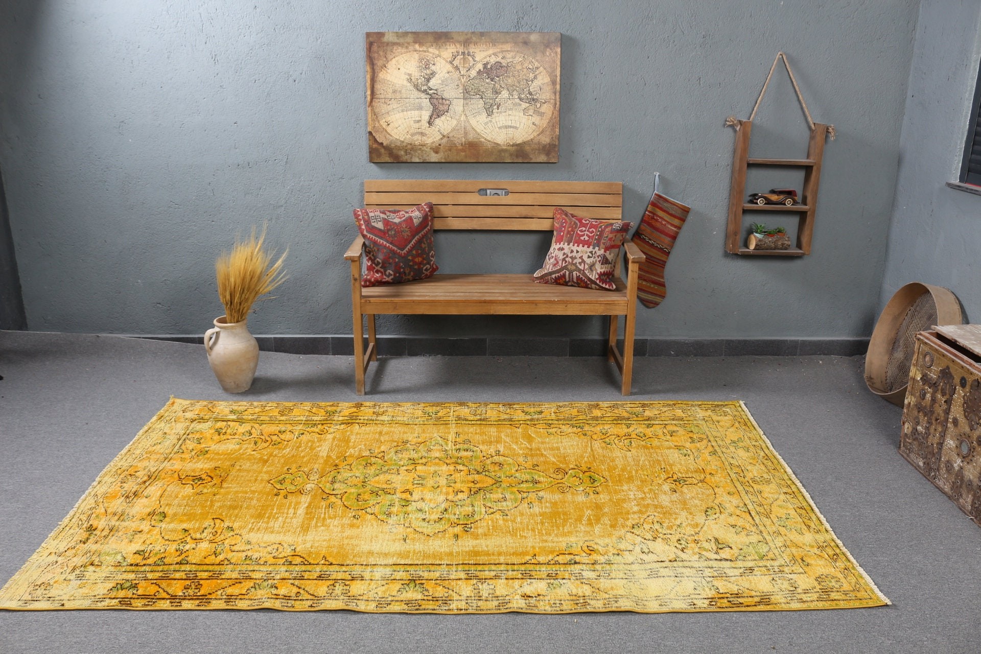 Indoor Rug, Rugs for Floor, Turkish Rugs, Distressed Rug, Oushak Rugs, 4.8x8.3 ft Area Rugs, Bedroom Rugs, Vintage Rug, Yellow Oushak Rug