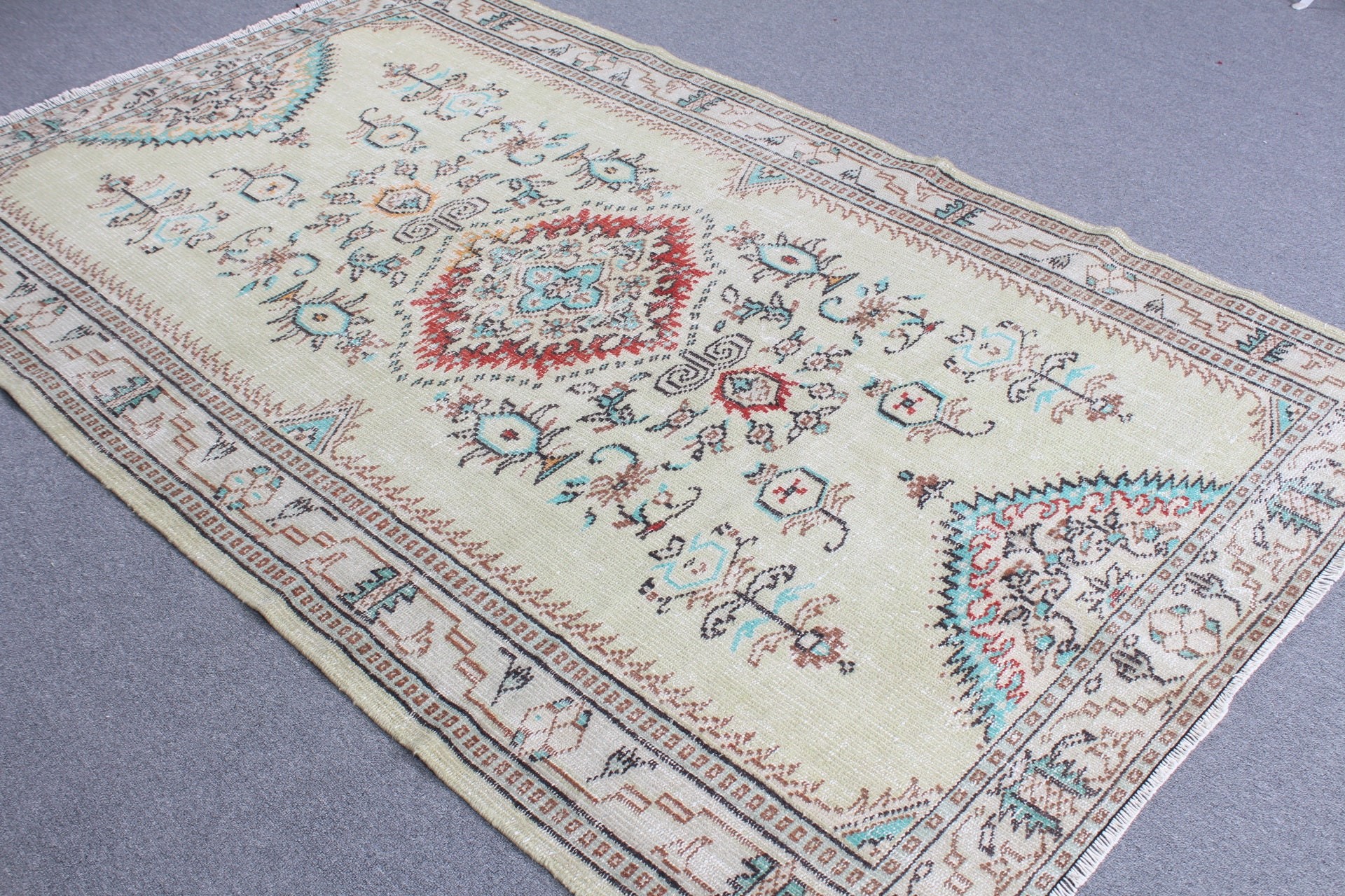 Yatak Odası Halıları, Yeşil 5.1x8.1 ft Büyük Halı, Salon Halısı, Yün Halı, Vintage Halı, Oturma Odası Halısı, Havalı Halılar, Türk Halısı