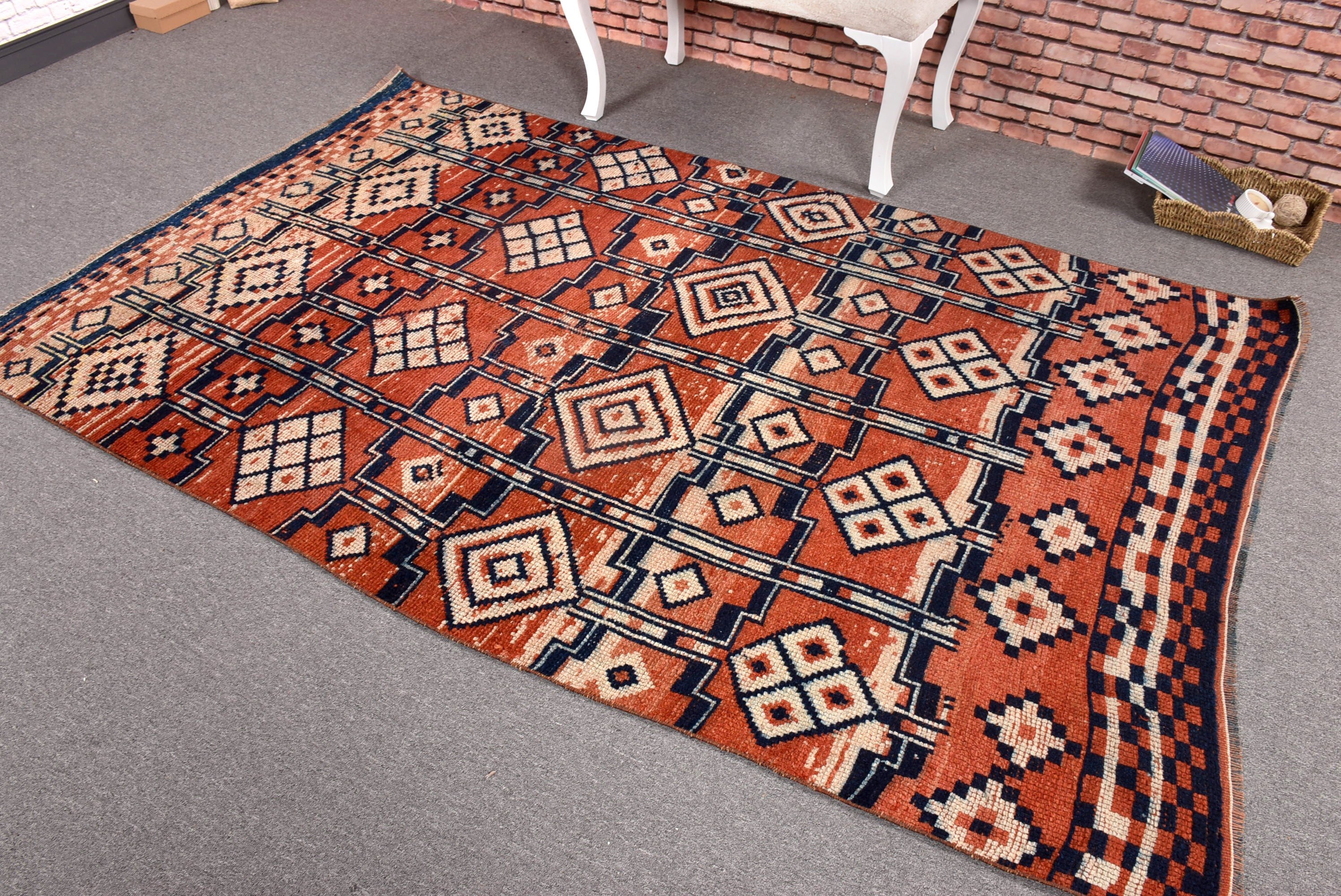 Geometric Rugs, Vintage Rugs, 4.8x7.8 ft Area Rugs, Orange Flatweave Rug, Turkish Rugs, Anatolian Rugs, Floor Rug, Living Room Rug