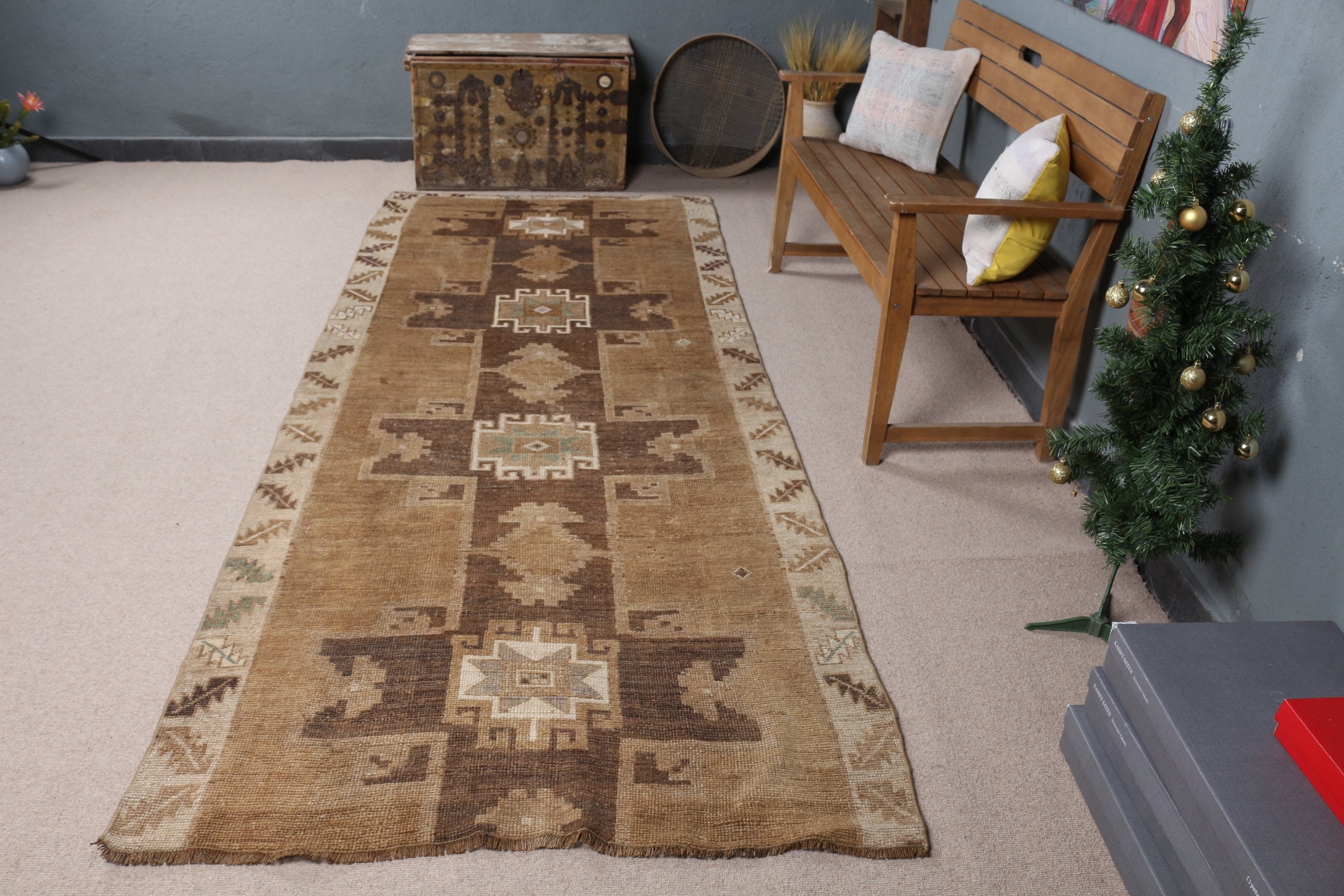 Vintage Halı, Oturma Odası Halısı, Türk Halısı, Anadolu Halısı, 4.1x10 ft Büyük Halı, Boho Halısı, Kahverengi Yer Halısı, Yemek Odası Halısı, Oryantal Halı