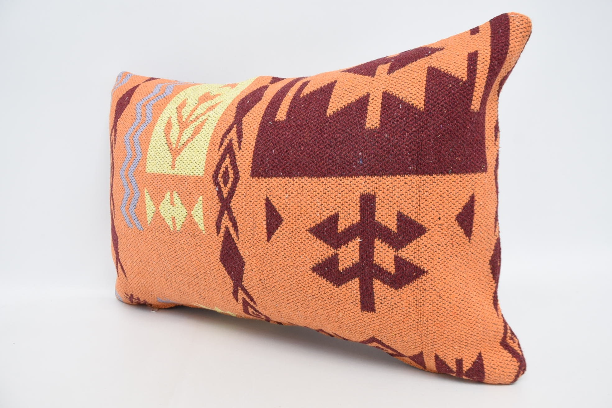 Colorful Pillow Case, Ethnical Kilim Rug Pillow, 16"x24" Orange Pillow Sham, Bench Pillow Cover, Vintage Kilim Pillow, Throw Kilim Pillow