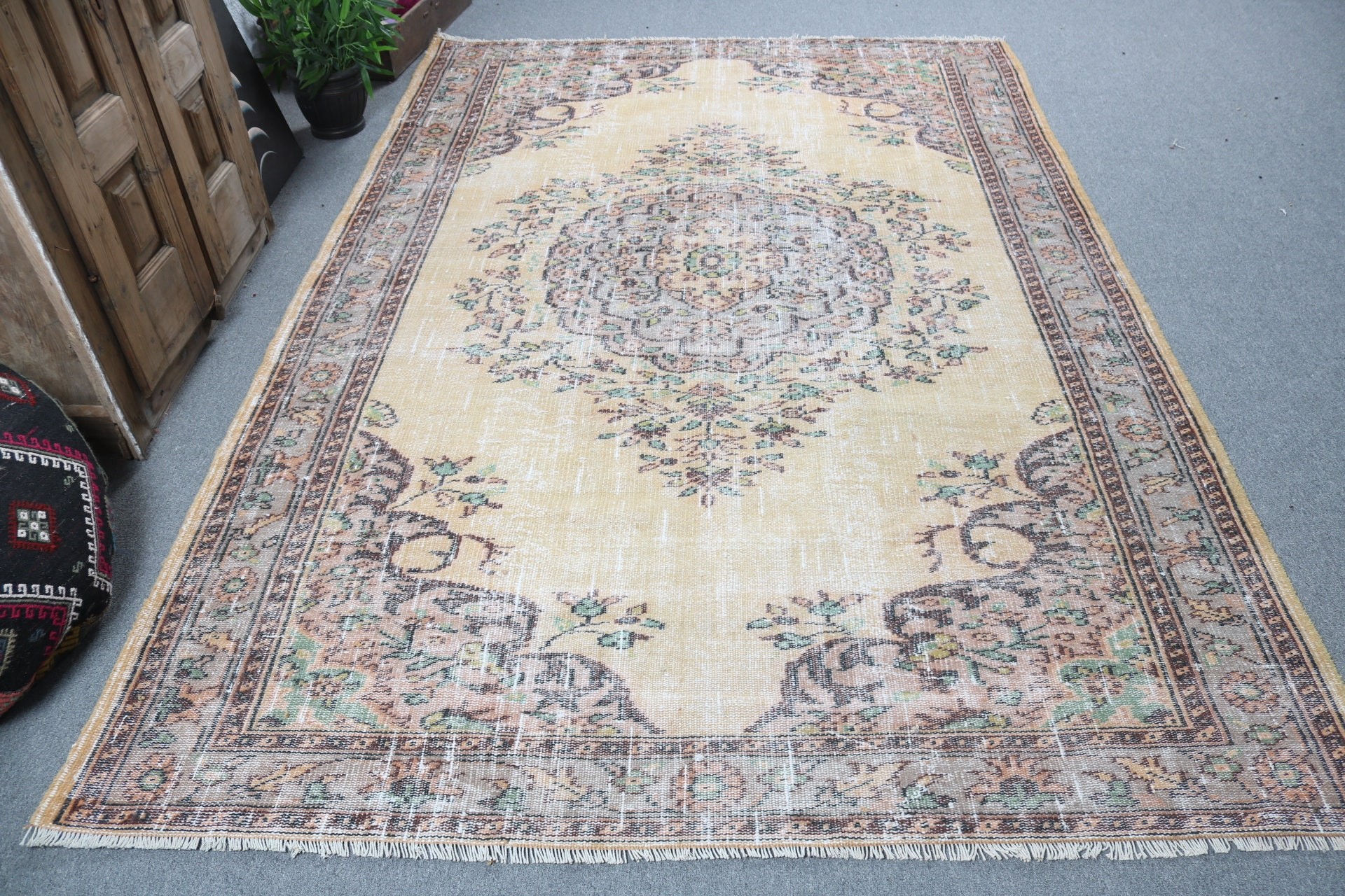 Türk Halısı, Vintage Halı, Boho Halıları, Ev Dekorasyonu Halıları, Büyük Vintage Halılar, Sarı Oryantal Halılar, Salon Halıları, 6.2x9.3 ft Büyük Halılar