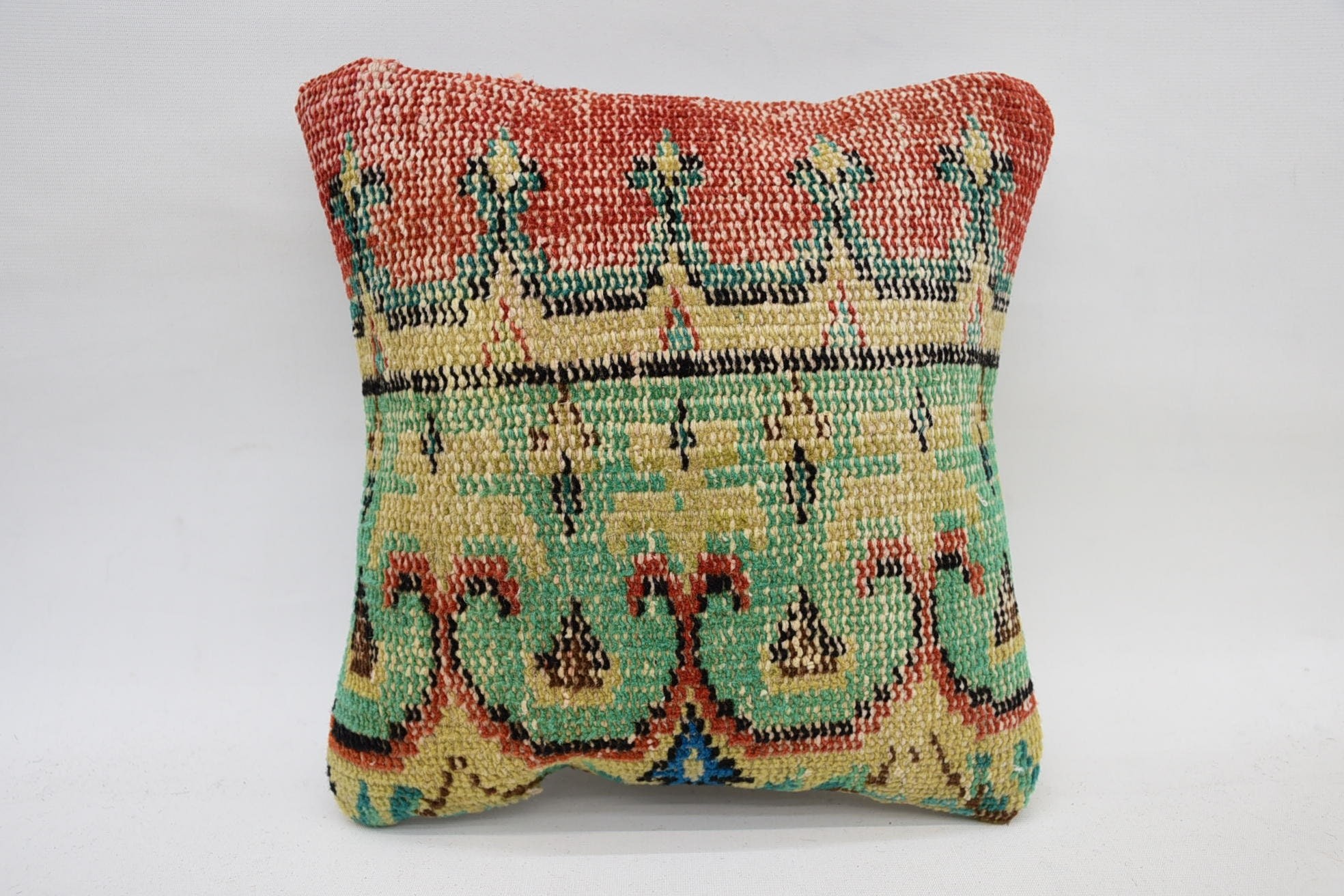 Antique Pillows, Turkish Kilim Pillow, Interior Designer Pillow, Boho Throw Cushion Case, 12"x12" Green Pillow Sham