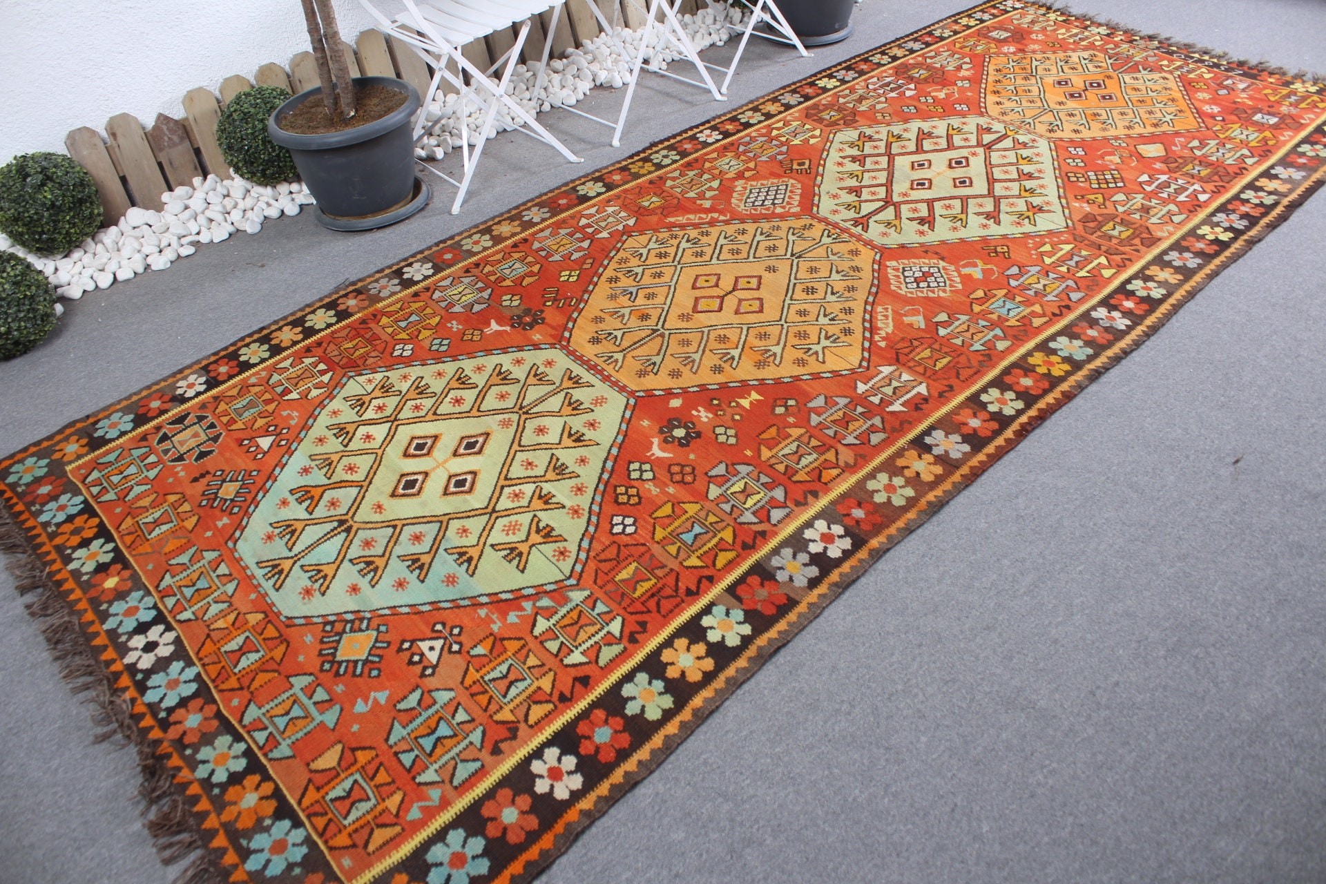 Oryantal Halı, Turuncu 5x12 ft Büyük Halı, Kilim, Yer Halısı, Vintage Halı, Salon Halısı, Eskitilmiş Halılar, Yatak Odası Halısı, Türk Halısı